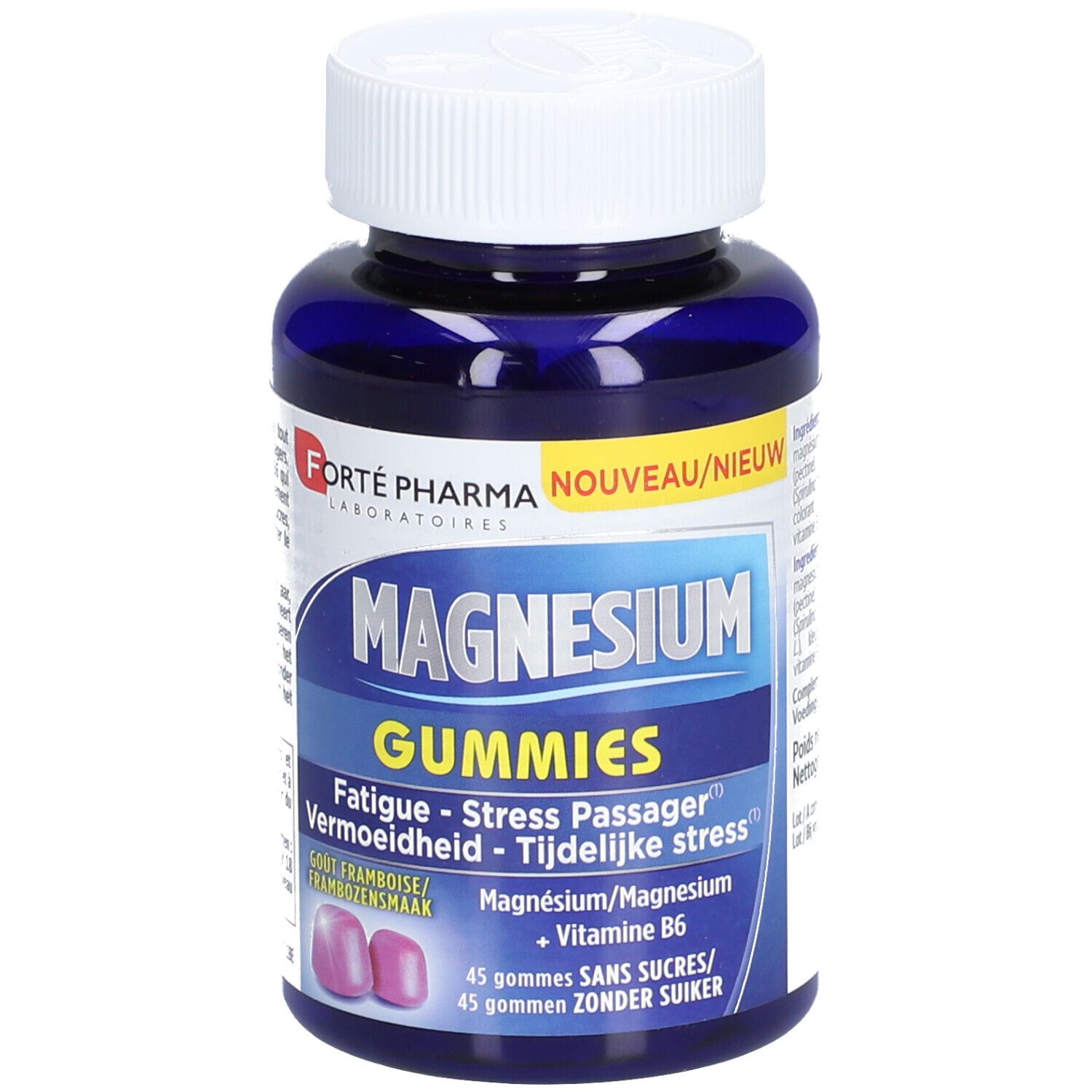 Flacon bleu, bouchon blanc. Inscription Magnesium Gummies, marque Forté Pharma. 45 gommes sans sucre.