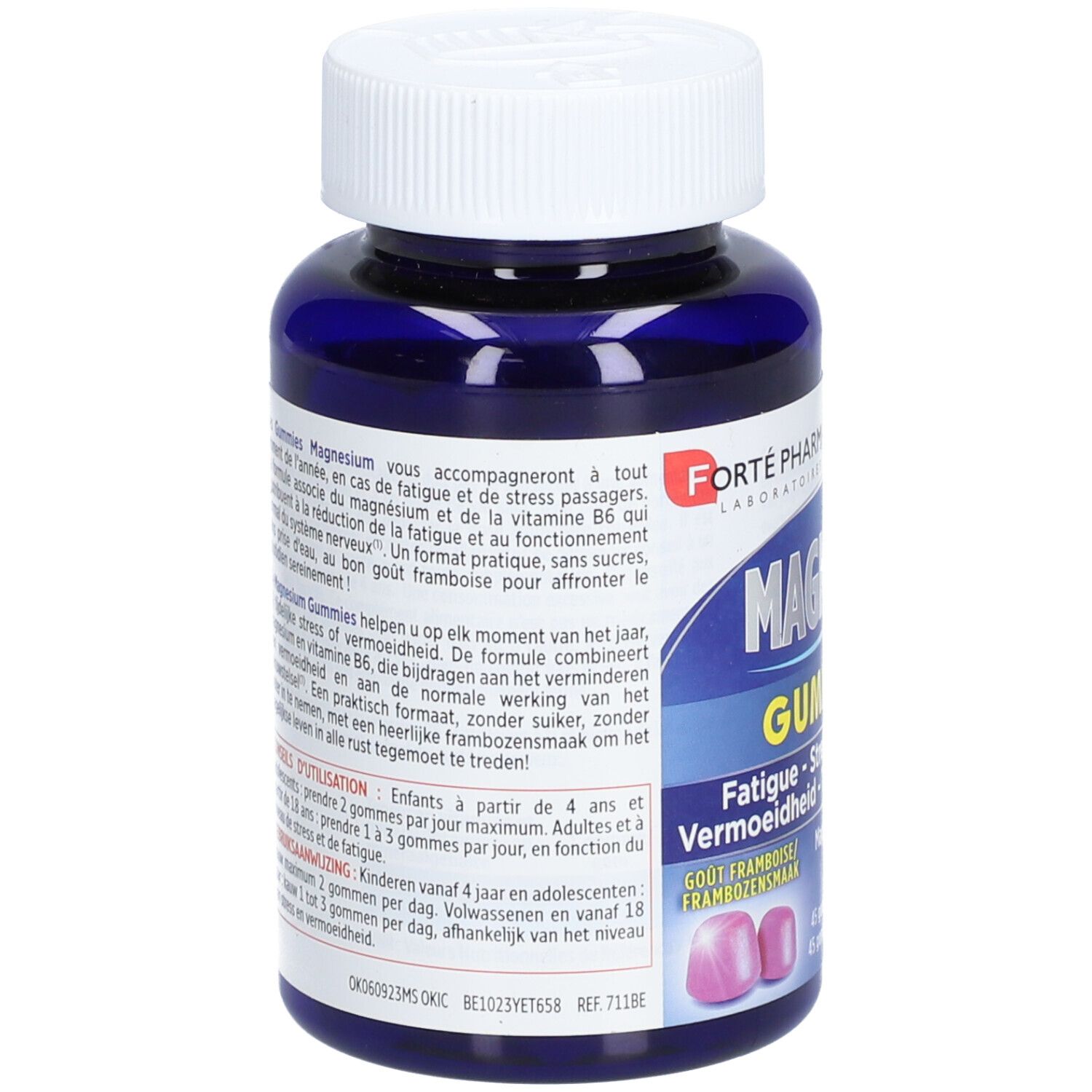 Dos du flacon bleu. Texte: Magnesium Gummies. Marque Forté Pharma. Conseils d'utilisation et ingrédients.