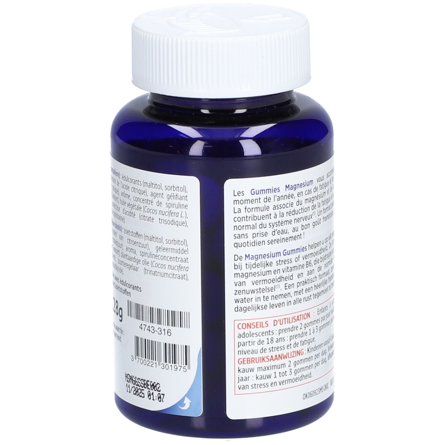 Dos du flacon bleu. Texte: Magnesium Gummies. Marque Forté Pharma. Ingrédients et informations nutritionnelles.