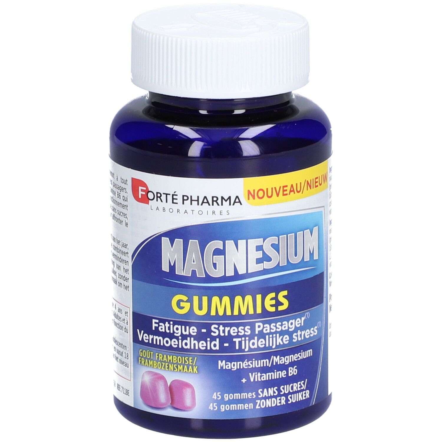Flacon bleu, bouchon blanc. Inscription Magnesium Gummies, marque Forté Pharma. 45 gommes sans sucre.