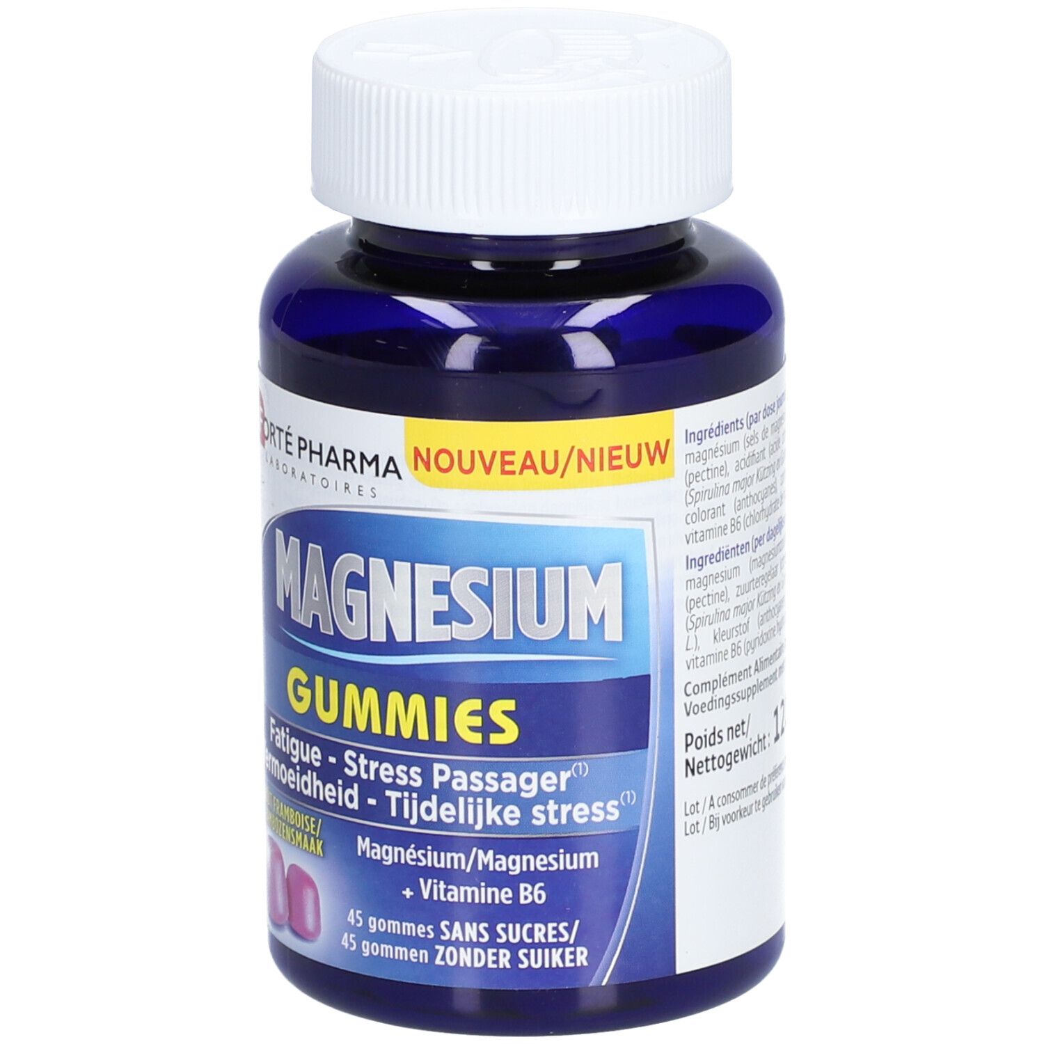 Flacon bleu, bouchon blanc. Inscription Magnesium Gummies, marque Forté Pharma. 45 gommes sans sucre.