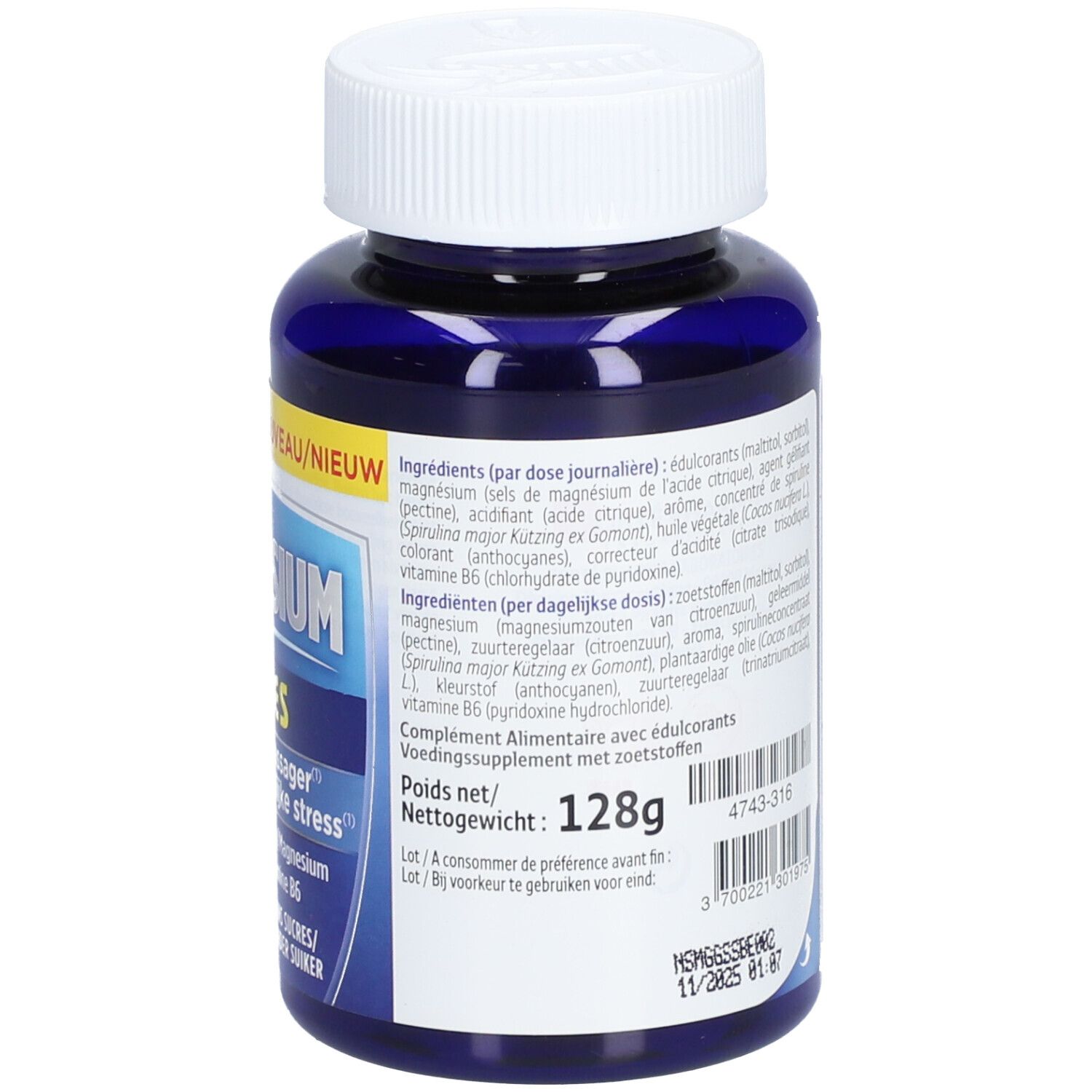 Dos du flacon bleu. Texte: Magnesium Gummies. Marque Forté Pharma. Ingrédients et informations nutritionnelles.