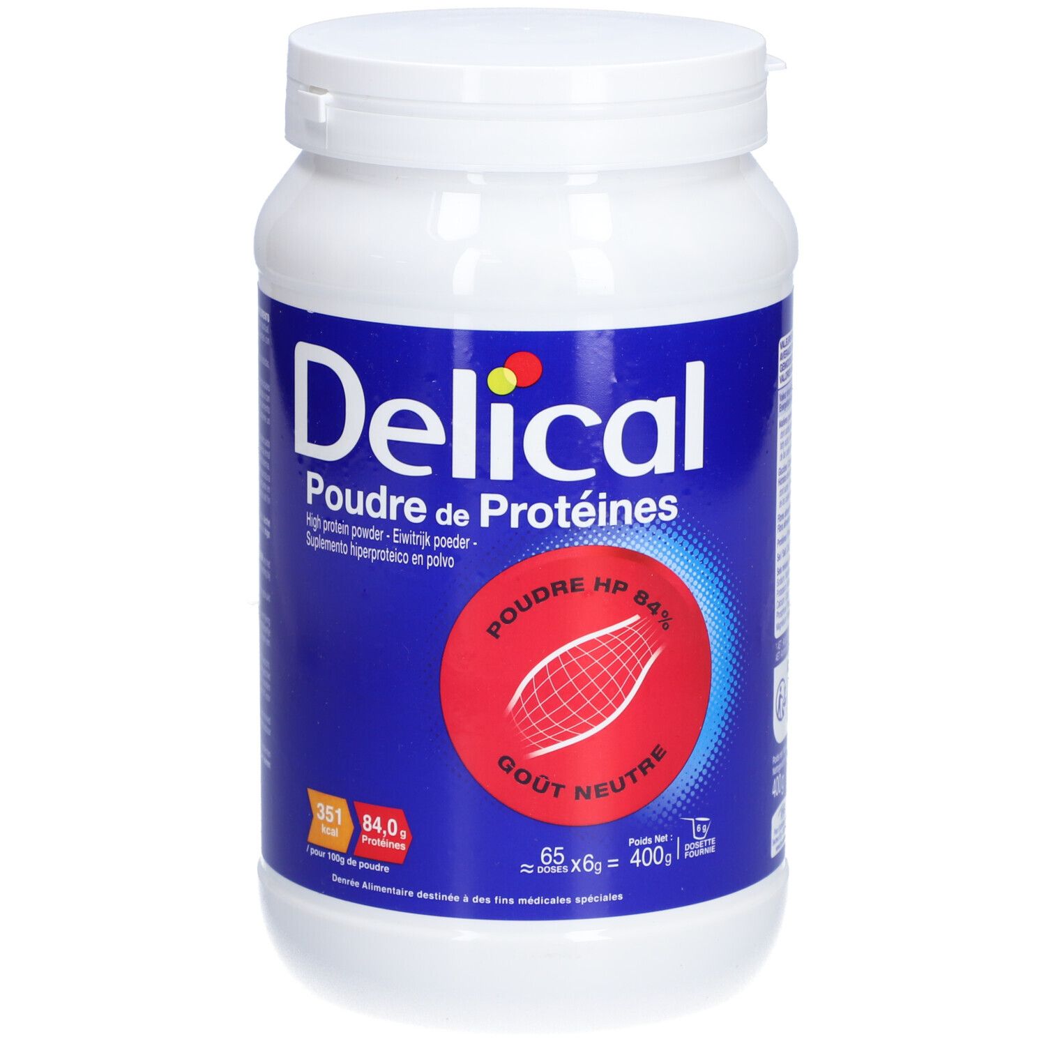 Pot blanc avec étiquette bleue. Inscription: Delical Poudre de Protéines. Logo rouge HP 84%. Goût neutre.
