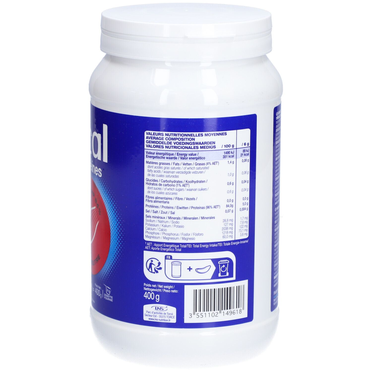 Pot blanc avec étiquette bleue. Informations nutritionnelles. Logo avec informations sur les valeurs nutritionnelles et les ingrédients.