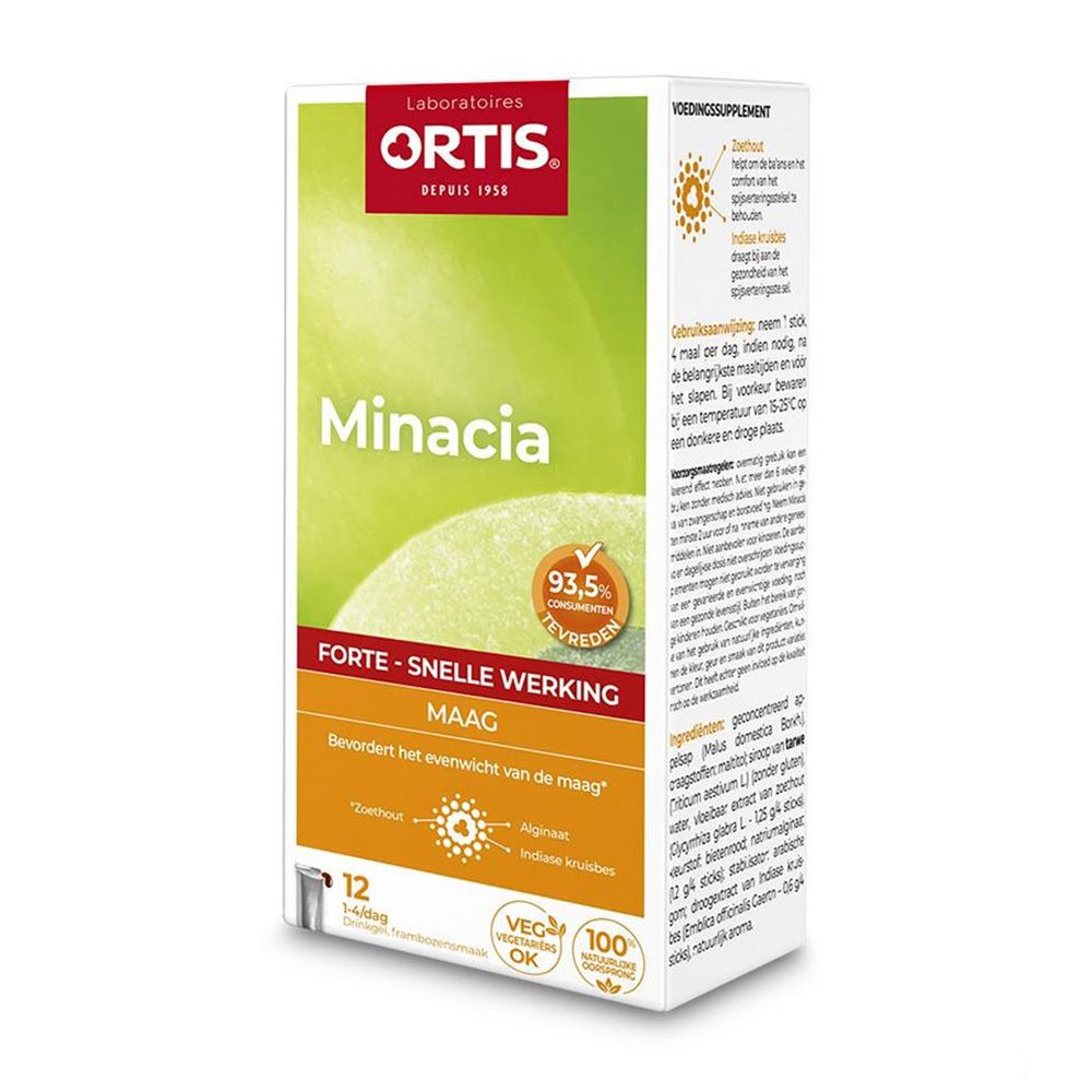 Ortis Minacia Forte verpakking. Witte doos met groene accenten. Tekst: Minacia, Forte, Maag. 12 zakjes, Veg OK.