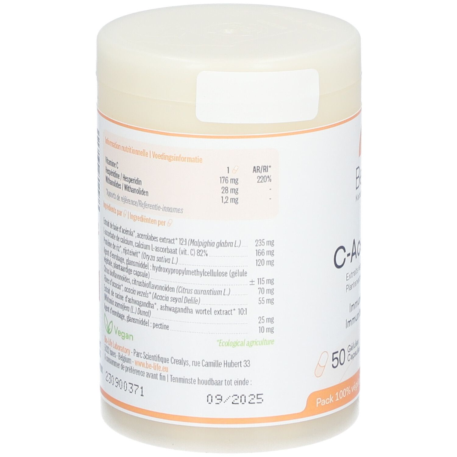 Dos de la boîte. Liste des ingrédients et informations nutritionnelles. Inscription: C-Acerola Plus, 50 gélules. Vegan.