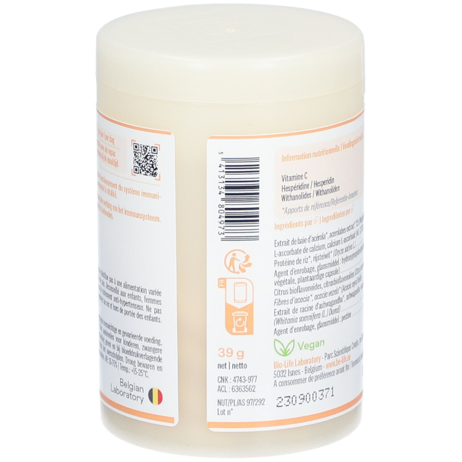 Dos de la boîte. Liste des ingrédients et informations nutritionnelles. Inscription: C-Acerola Plus, 50 gélules. Vegan.