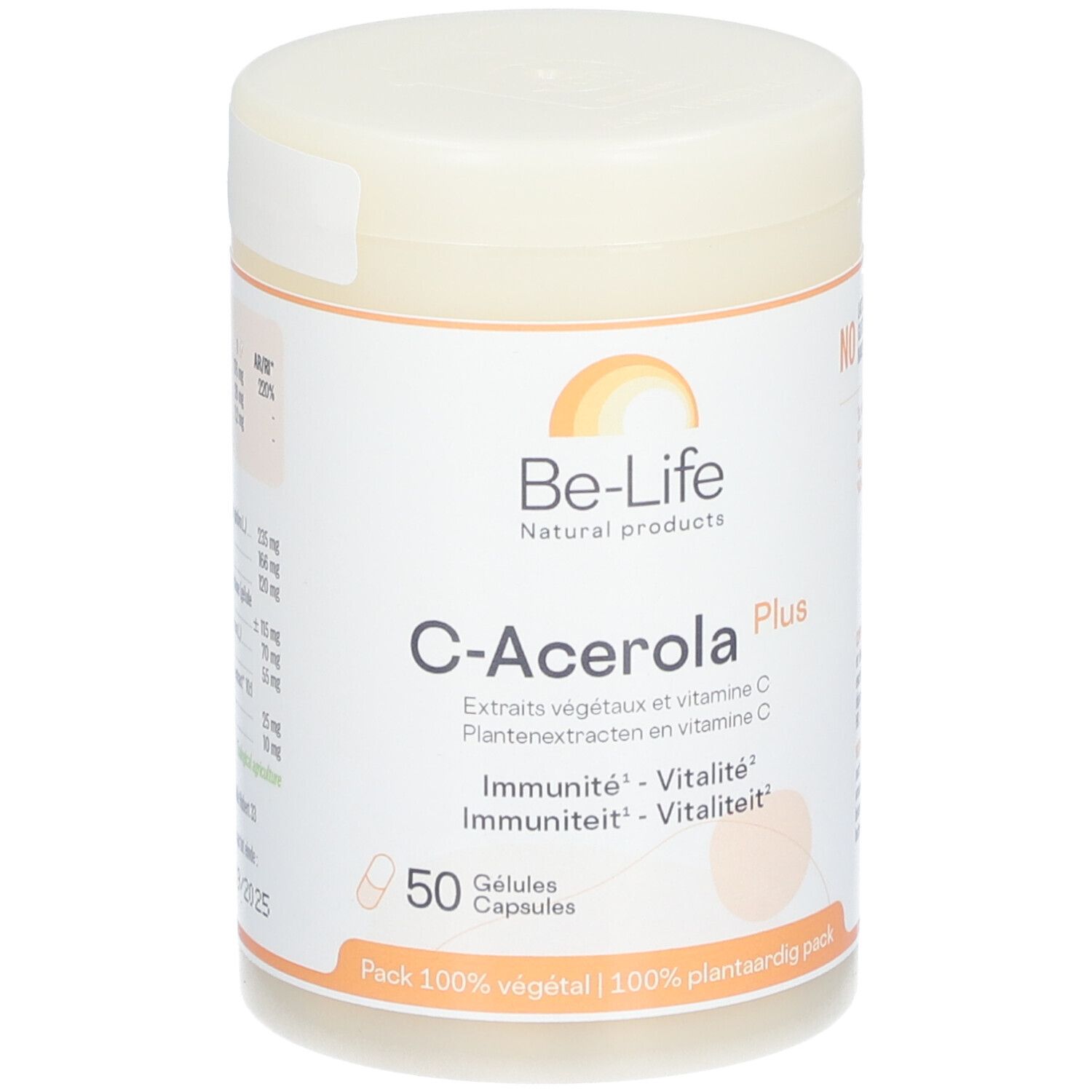 Boîte avec couvercle. Inscription: Be-Life, C-Acerola Plus, 50 gélules. Pack 100% végétal.