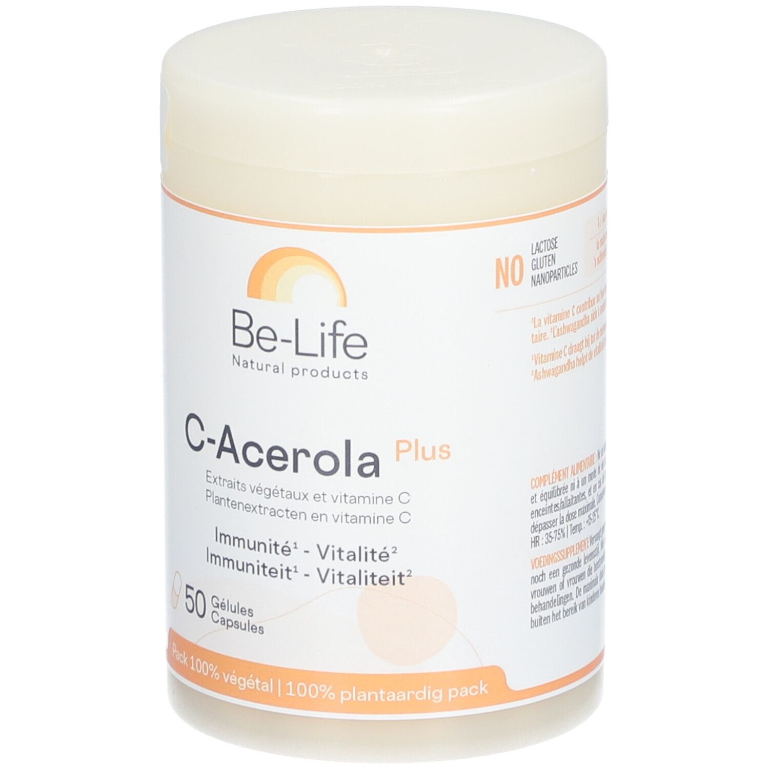 Boîte avec couvercle. Inscription: Be-Life, C-Acerola Plus, 50 gélules. Pack 100% végétal.