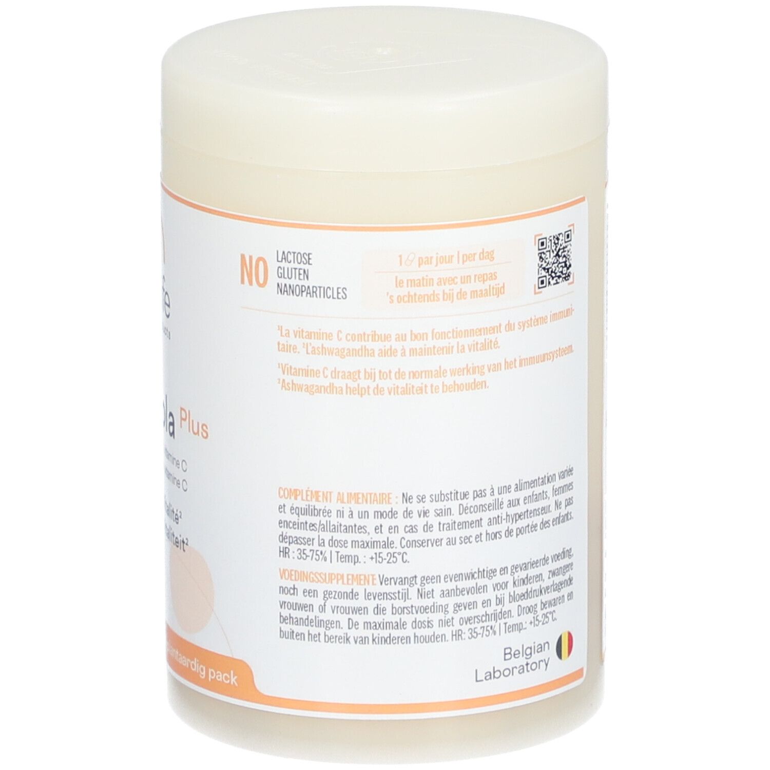 Dos de la boîte. Inscription: C-Acerola Plus, 50 gélules. Vegan. Sans lactose, gluten et nanoparticules.