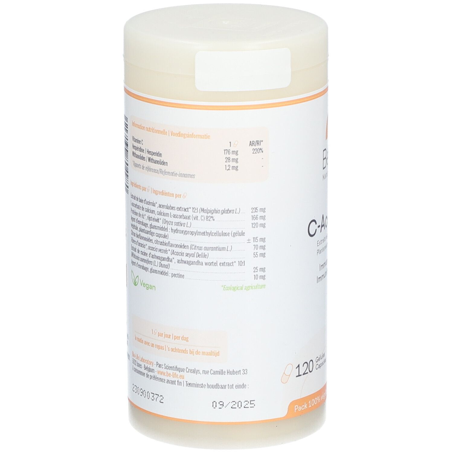 Dos de la boîte Be-Life C-Acerola Plus. Liste des ingrédients et informations nutritionnelles. Inscription: 120, 09/2025. Logo vegan.
