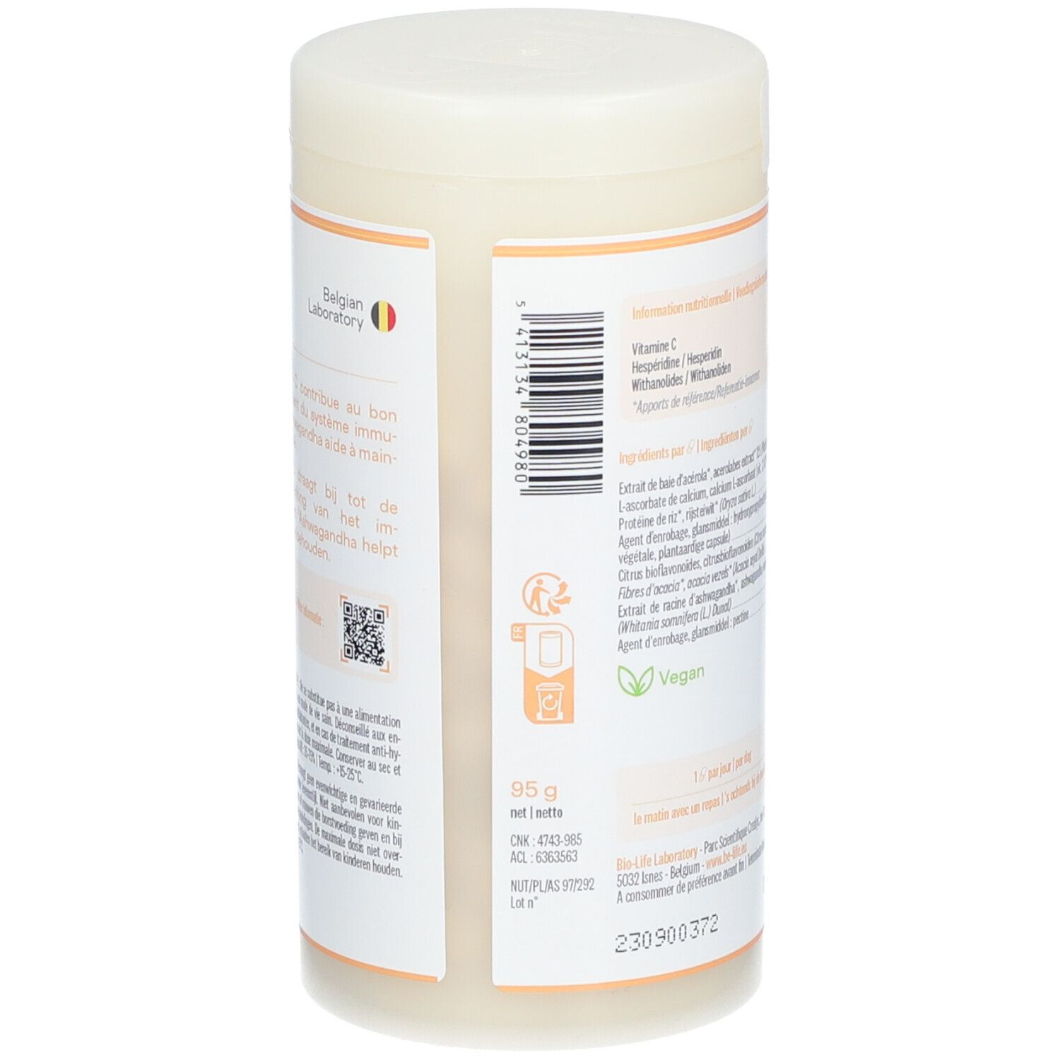 Dos de la boîte Be-Life C-Acerola Plus. Contient des informations et un code QR. Logo: Belgian Laboratory. Logo vegan.