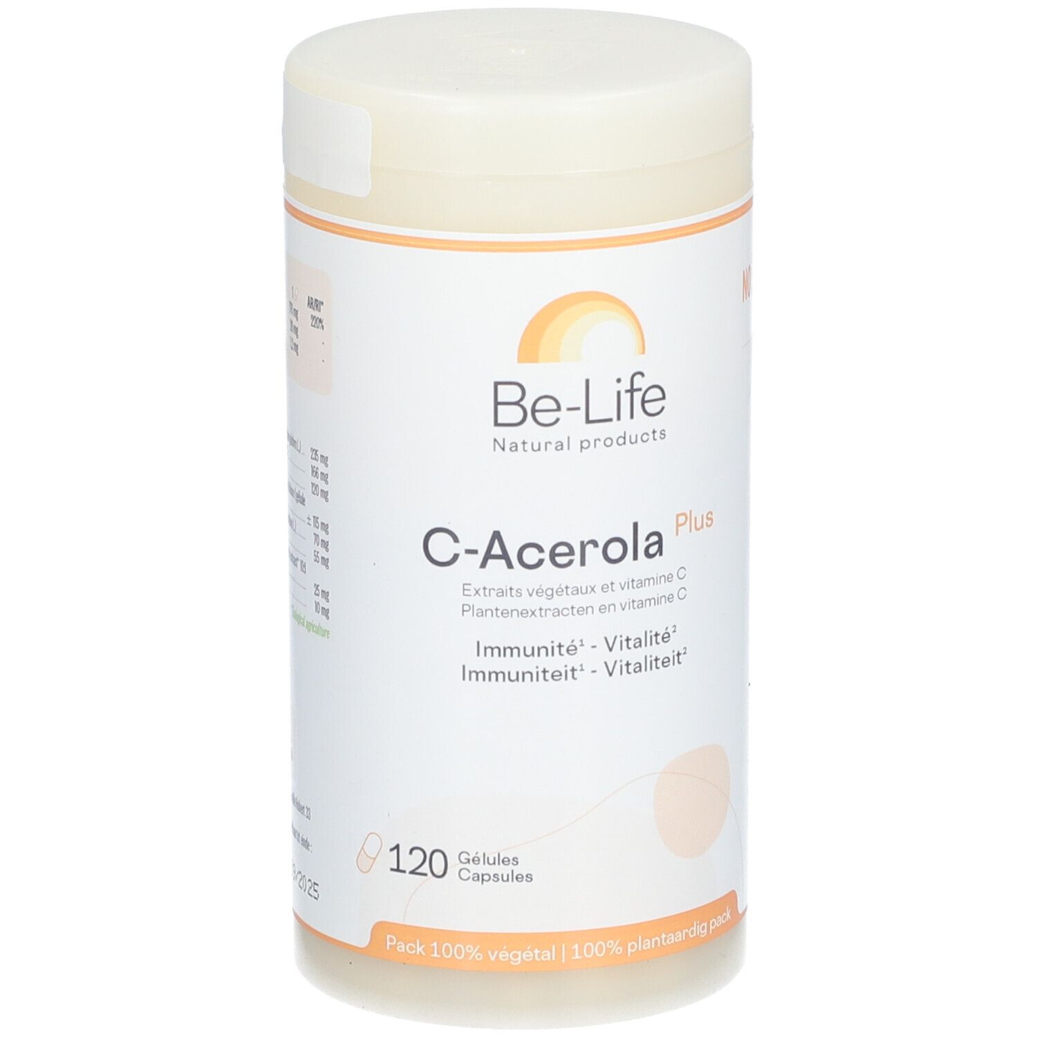 Boîte blanche Be-Life C-Acerola Plus. Inscription: C-Acerola Plus, 120 gélules. Logo: Be-Life Natural products.