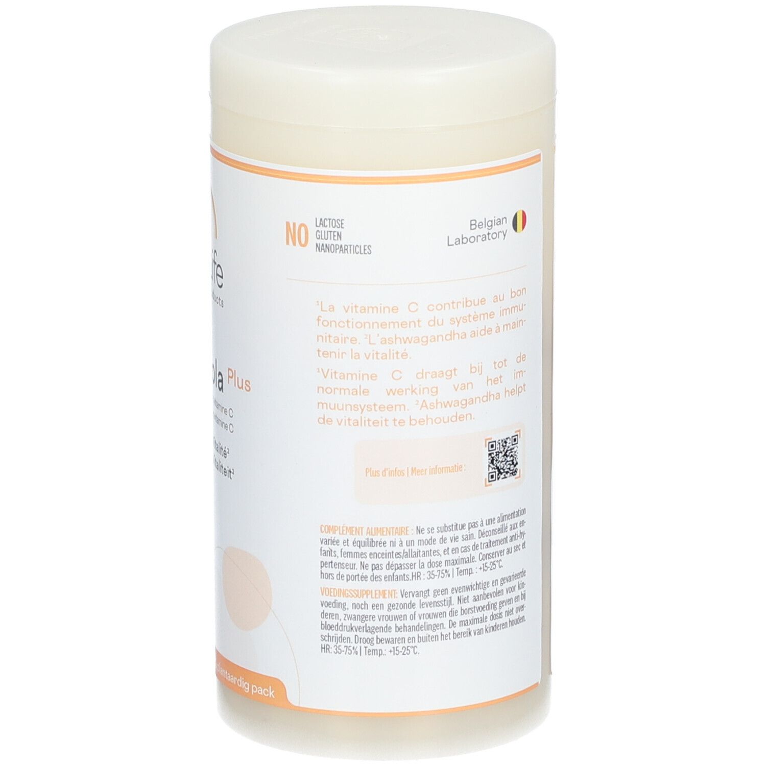Dos de la boîte Be-Life C-Acerola Plus. Contient des informations et un code QR. Logo: Belgian Laboratory. Logo vegan.