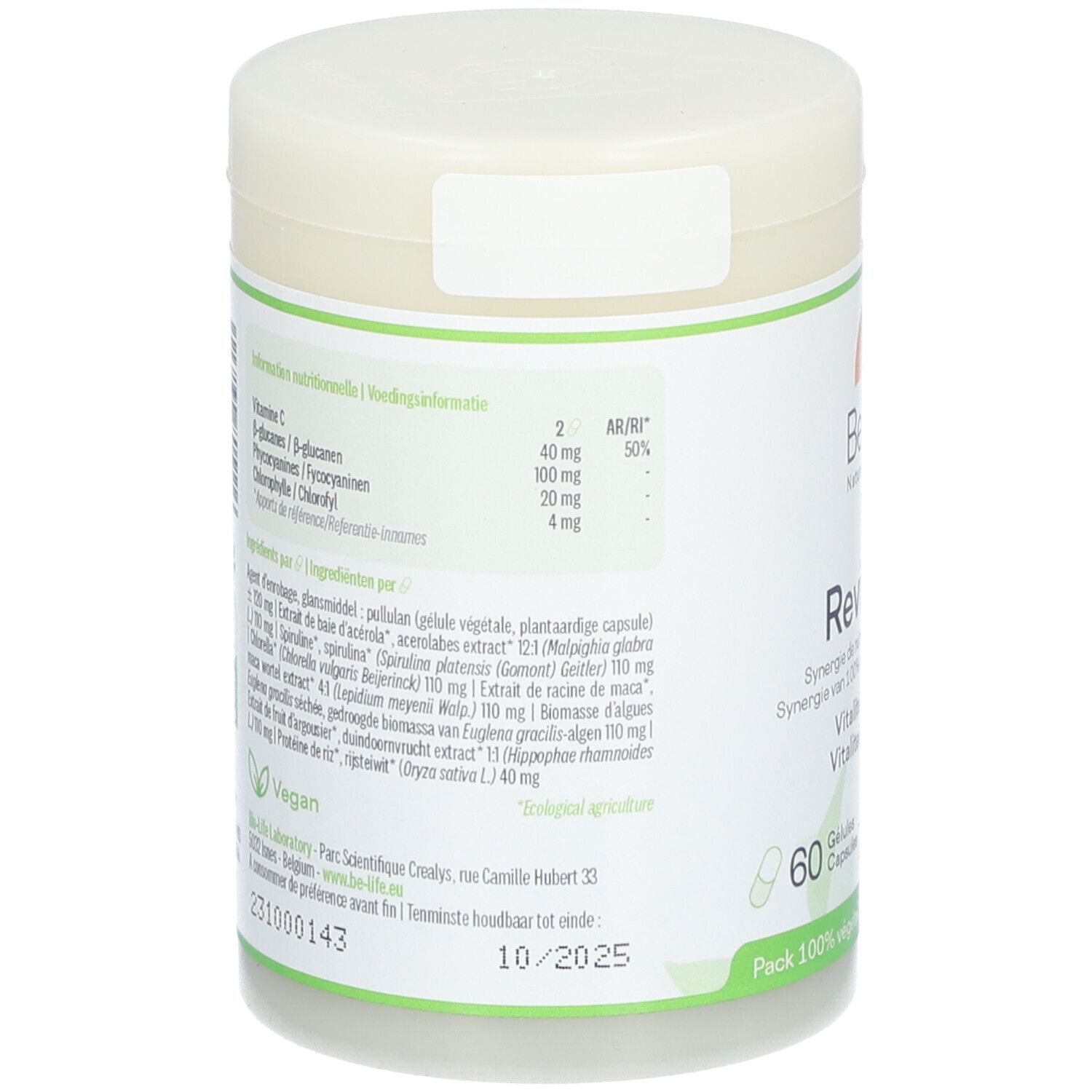 Dos du pot Be-Life Revitaline. Liste des ingrédients, informations nutritionnelles. Inscription: 60 gélules. Vegan.