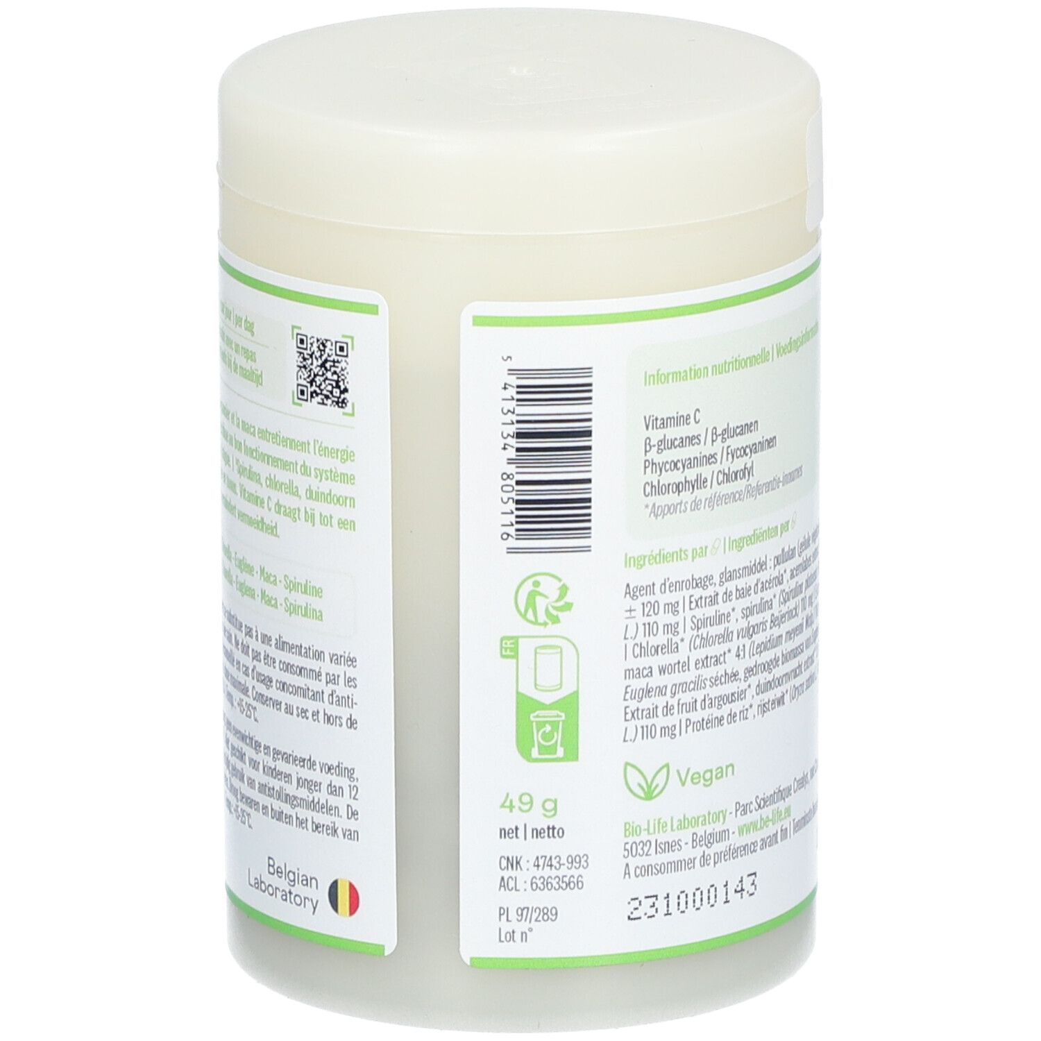 Pot Be-Life Revitaline, vue latérale. Inscription: 49 g net. Vegan. Laboratoire belge.