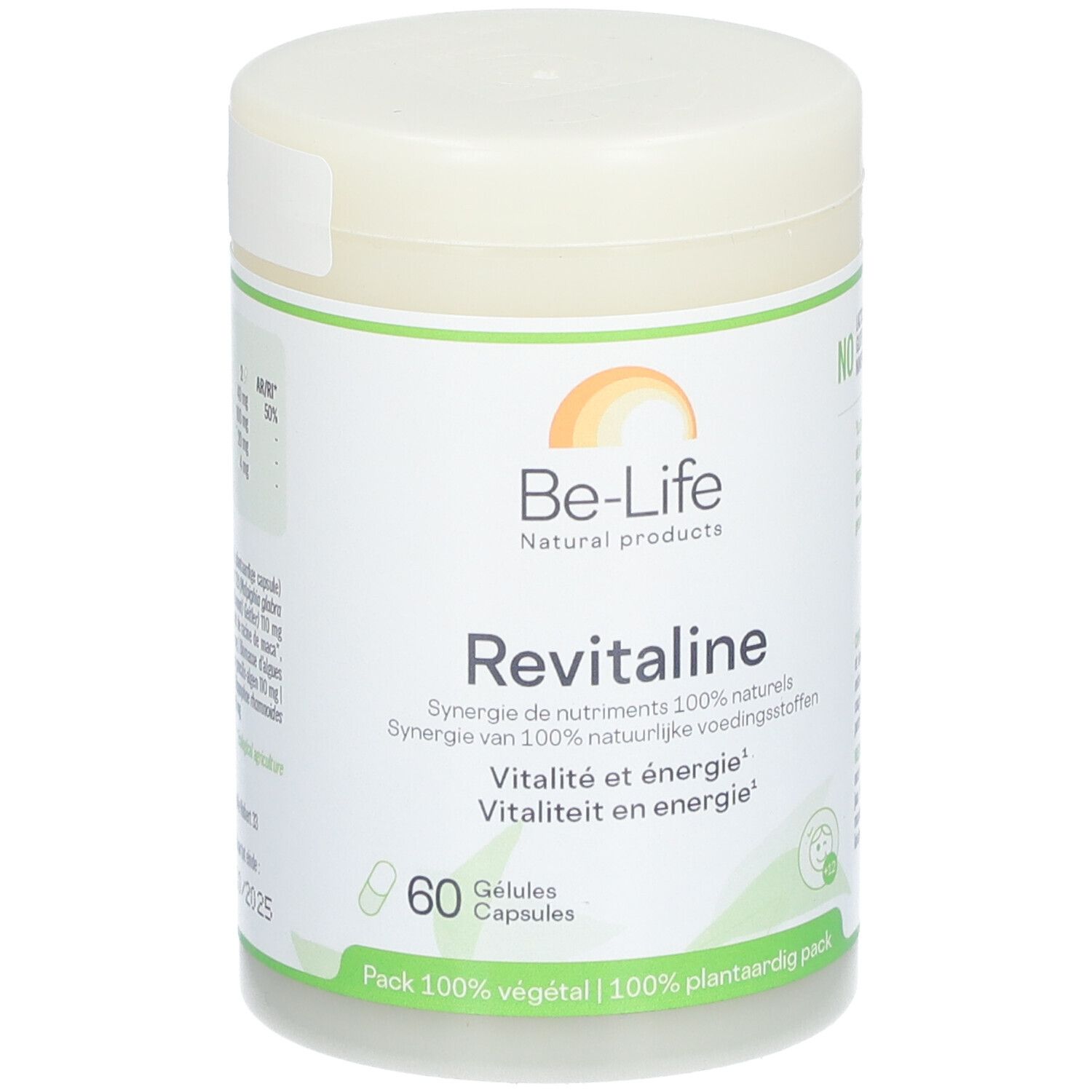 Pot Be-Life Revitaline. Inscription: 60 gélules. Emballage 100% végétal. Logo: soleil.