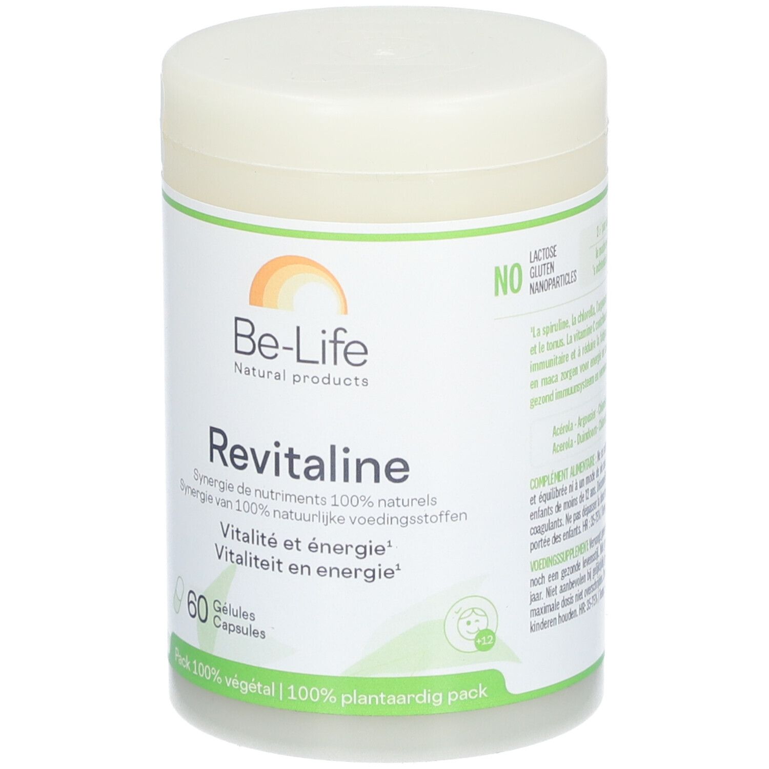 Pot Be-Life Revitaline. Inscription: 60 gélules. Sans lactose, gluten, nanoparticules. Vegan.