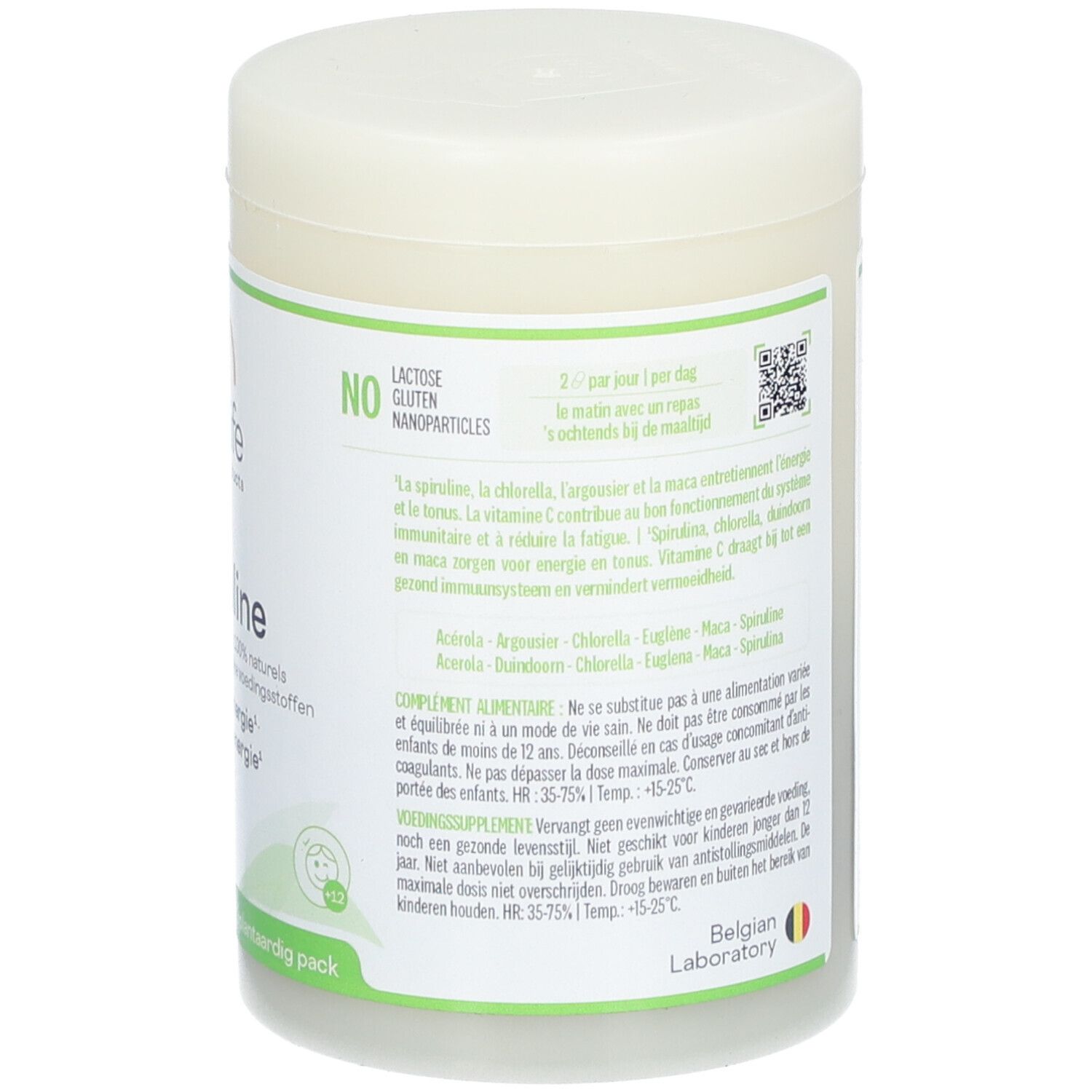 Dos du pot Be-Life Revitaline. Inscription: 60 gélules. Vegan. Laboratoire belge. Mode d'emploi.