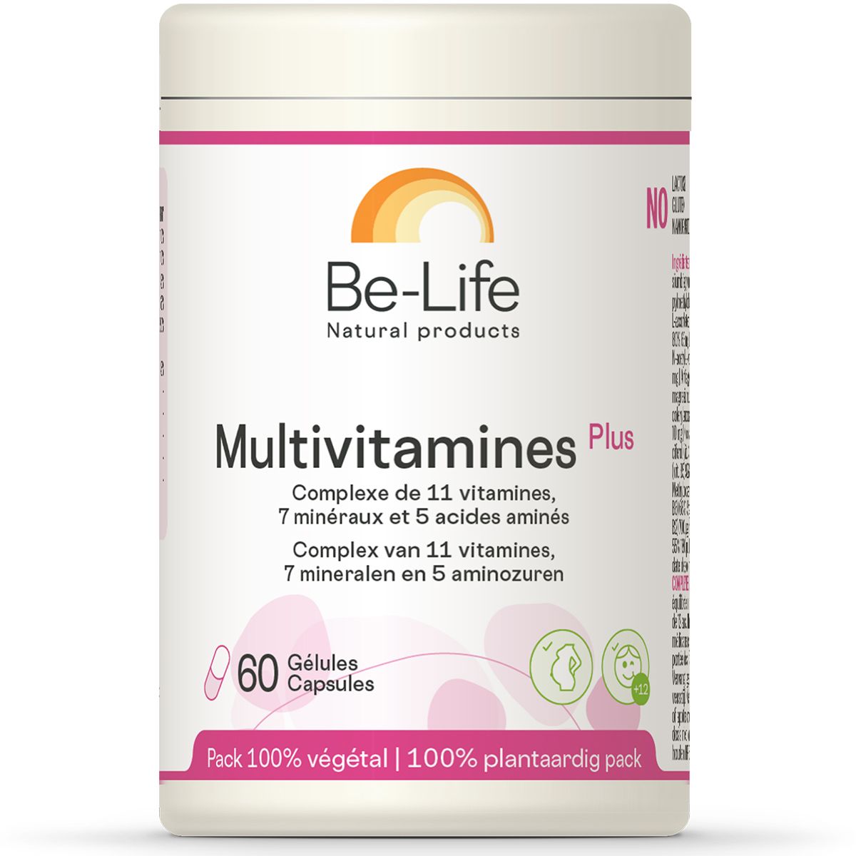 Pot met Be-Life Multivitamines Plus. Bevat 60 capsules. Opschrift: Pack 100% vegetal.