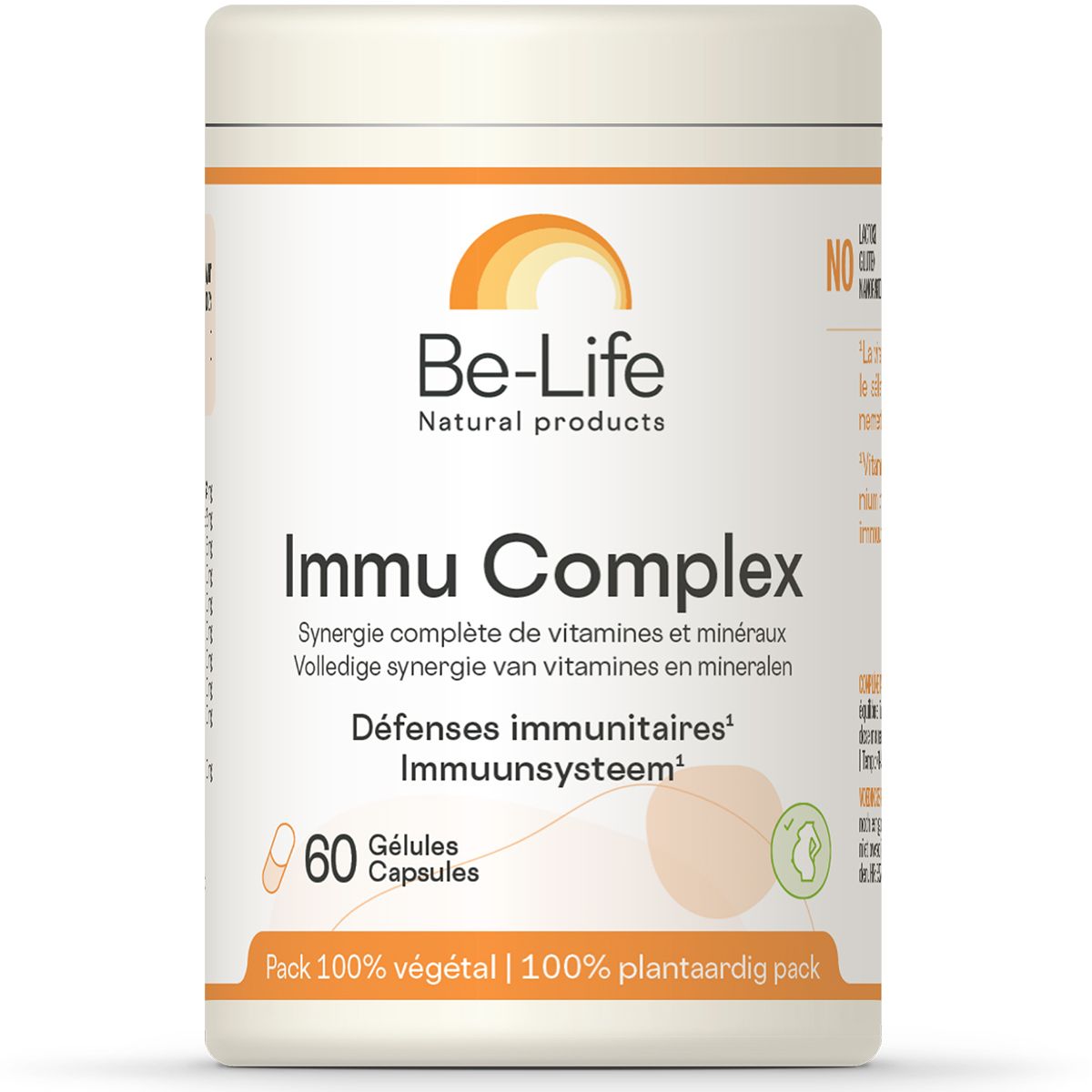 Be-Life Immu Complex. Boîte de 60 gélules. Inscription : Défenses immunitaires. Pack 100% végétal.