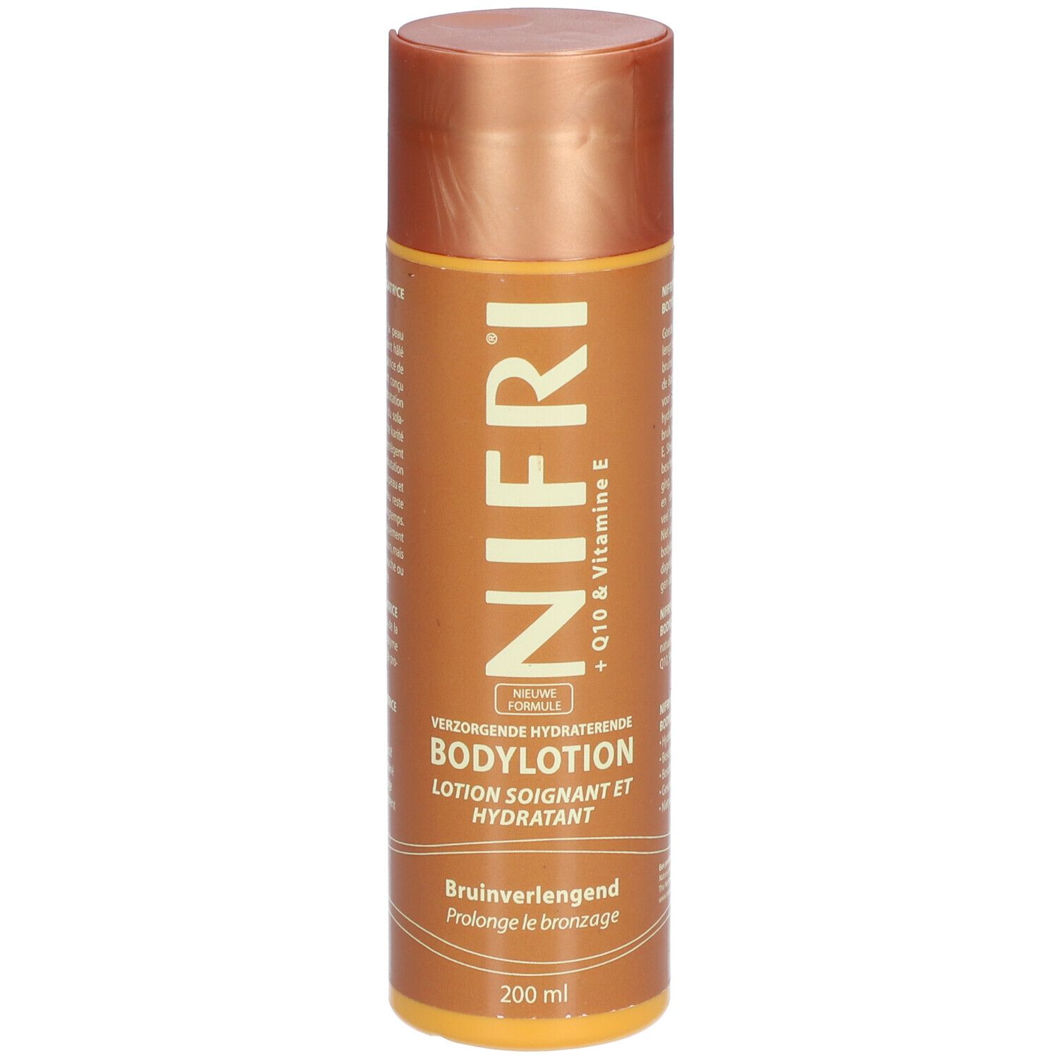 Flacon marron avec bouchon doré. Inscription: NIFRI, Bodylotion, + Q10 & Vitamine E. 200 ml.