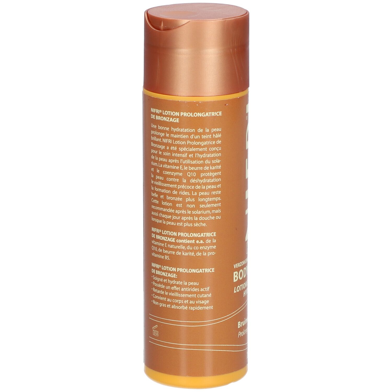 Flacon marron, dos. Texte: NIFRI Lotion Prolongatrice de Bronzage. Ingrédients, mode d'emploi.