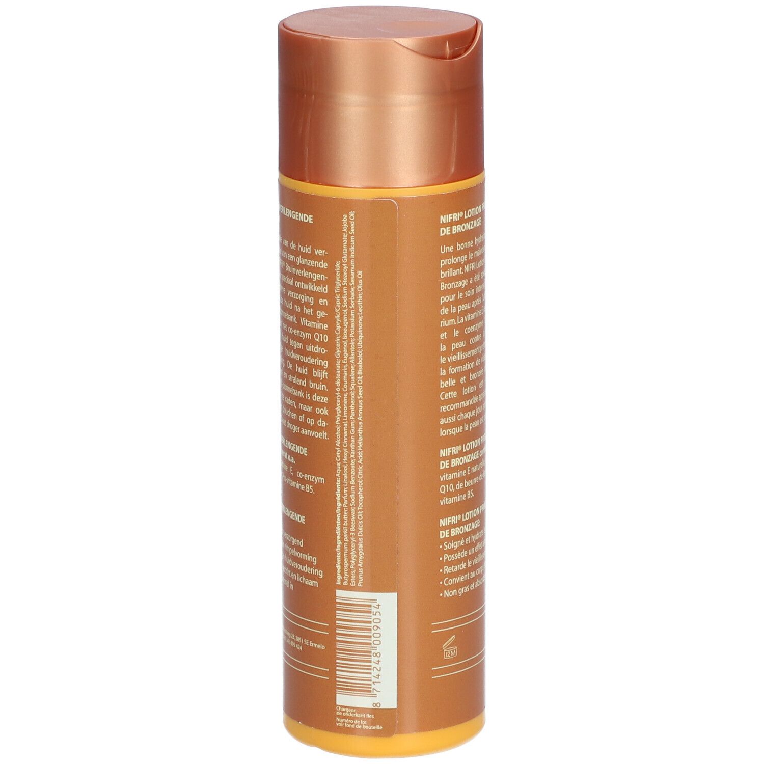 Flacon marron, dos. Texte: NIFRI Lotion Prolongatrice de Bronzage. Ingrédients, mode d'emploi.