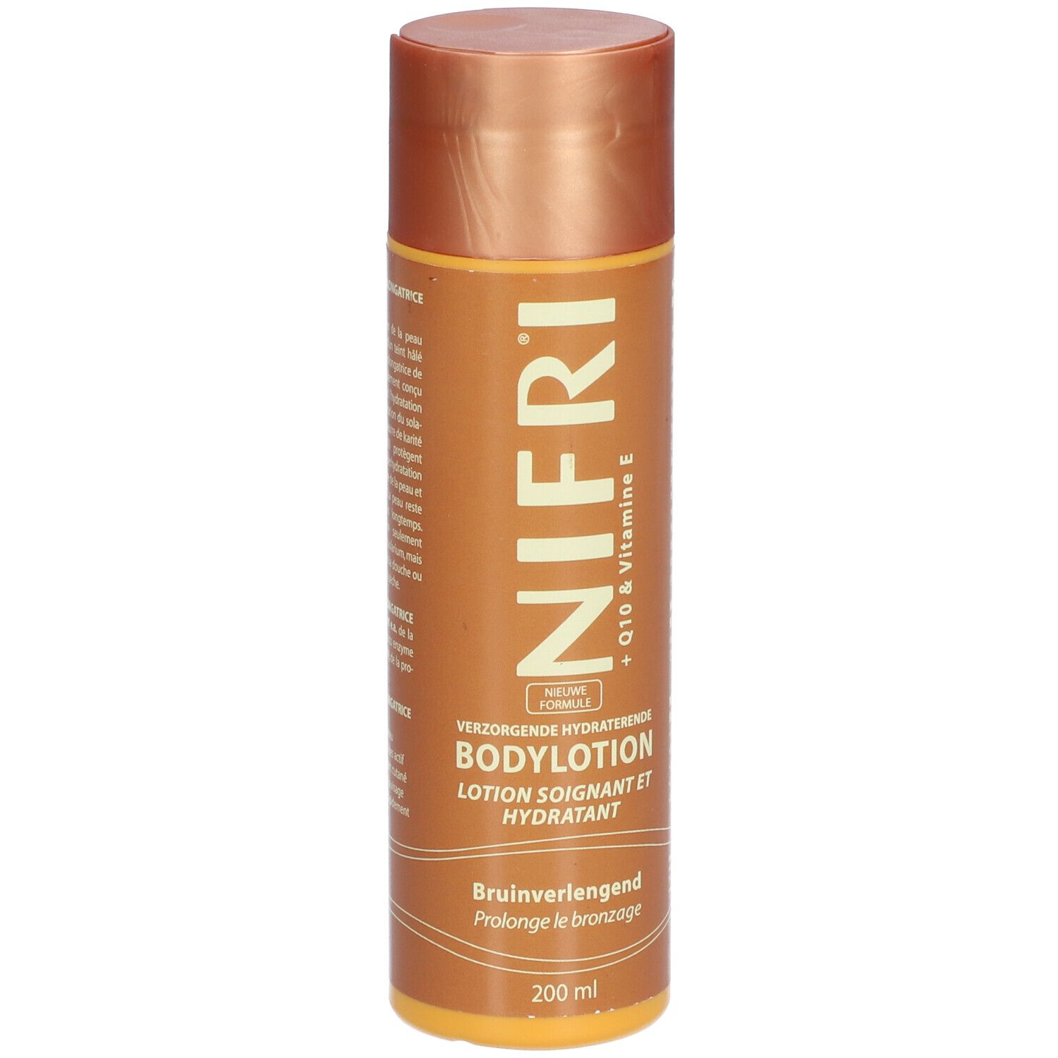 Flacon marron avec bouchon doré. Inscription: NIFRI, Bodylotion, + Q10 & Vitamine E. 200 ml.
