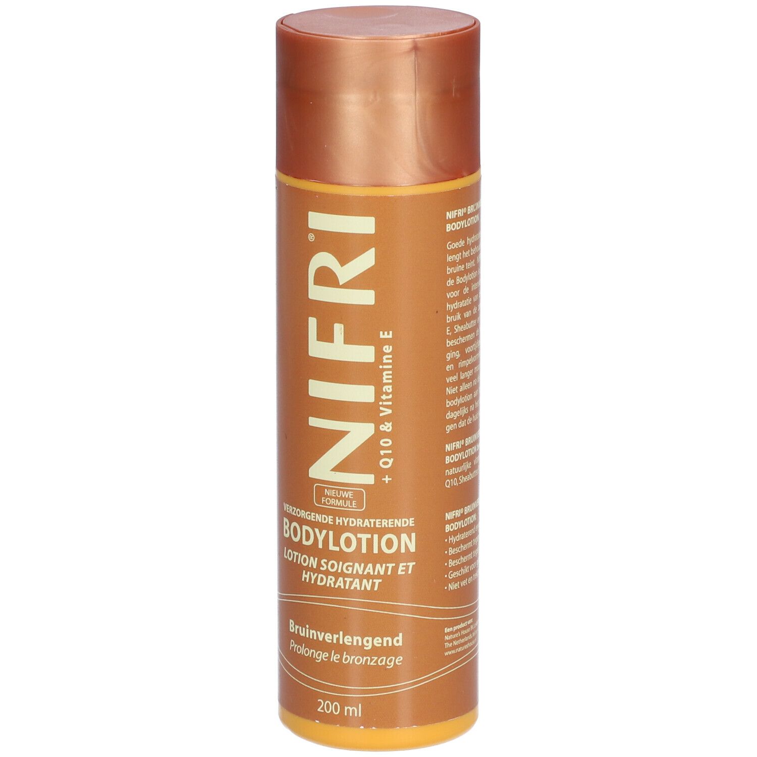 Flacon marron avec bouchon doré. Inscription: NIFRI, Bodylotion, + Q10 & Vitamine E. 200 ml.