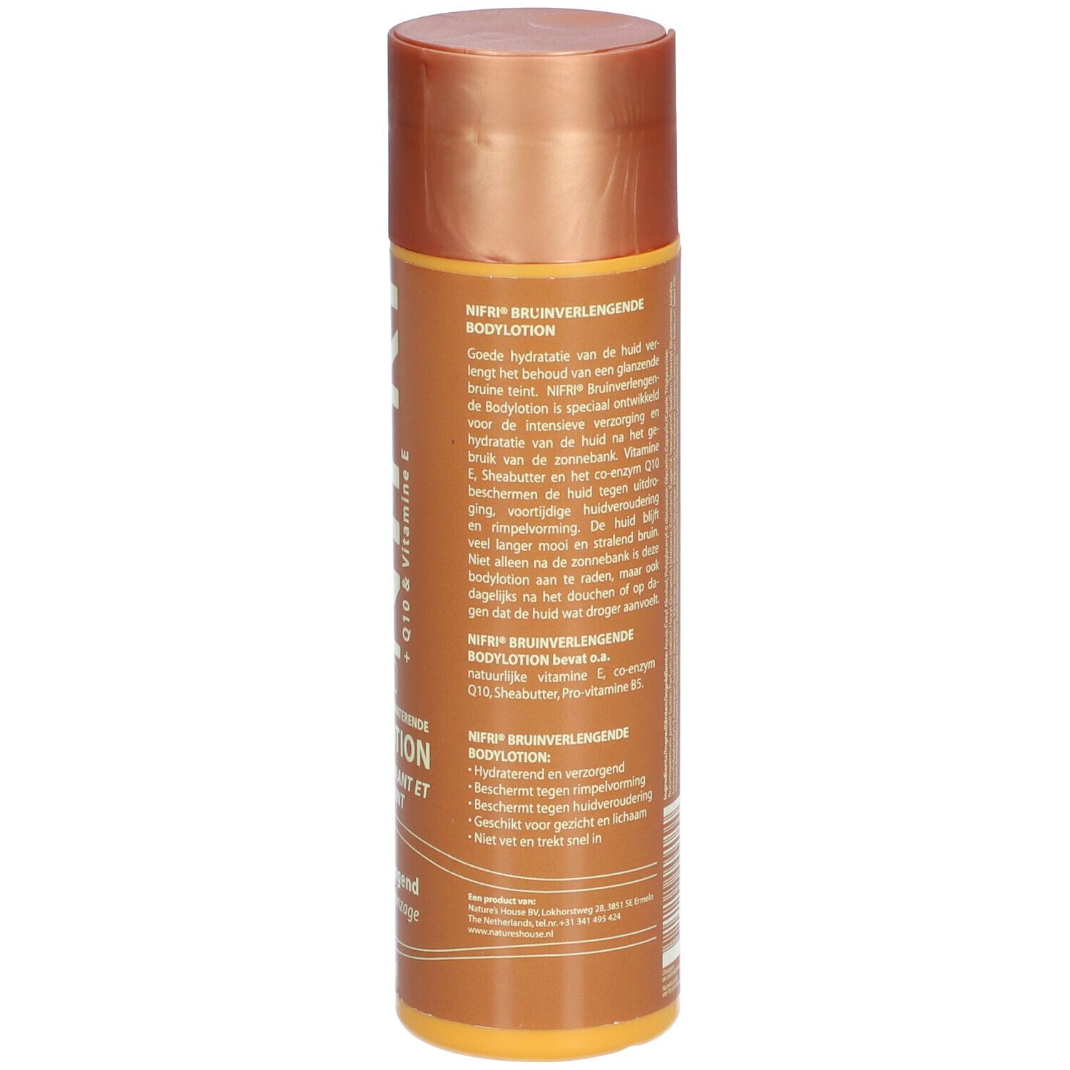 Flacon marron, dos. Texte: NIFRI Lotion Prolongatrice de Bronzage. Ingrédients, mode d'emploi.