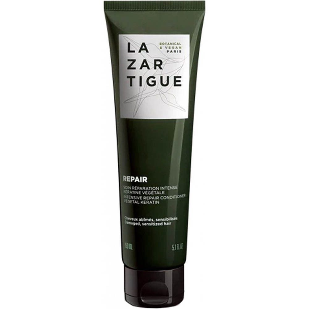 Tube vert foncé avec étiquette blanche. Inscription: LAZARTIGUE, REPAIR, kératine. Pour cheveux abîmés. Bouchon noir.