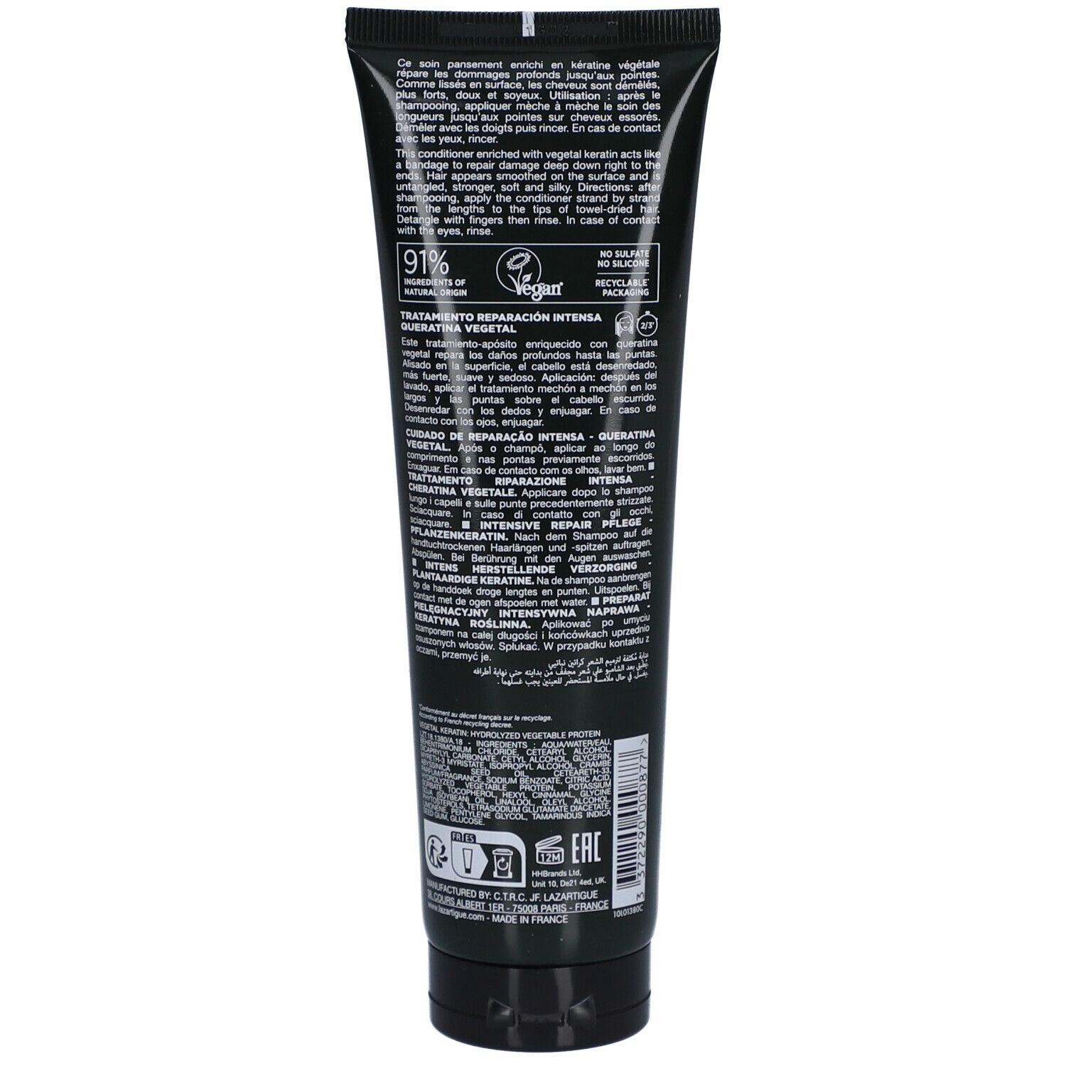 Dos du tube noir. Texte multilingue. Logo vegan. Logo de recyclage. Ingrédients et instructions.