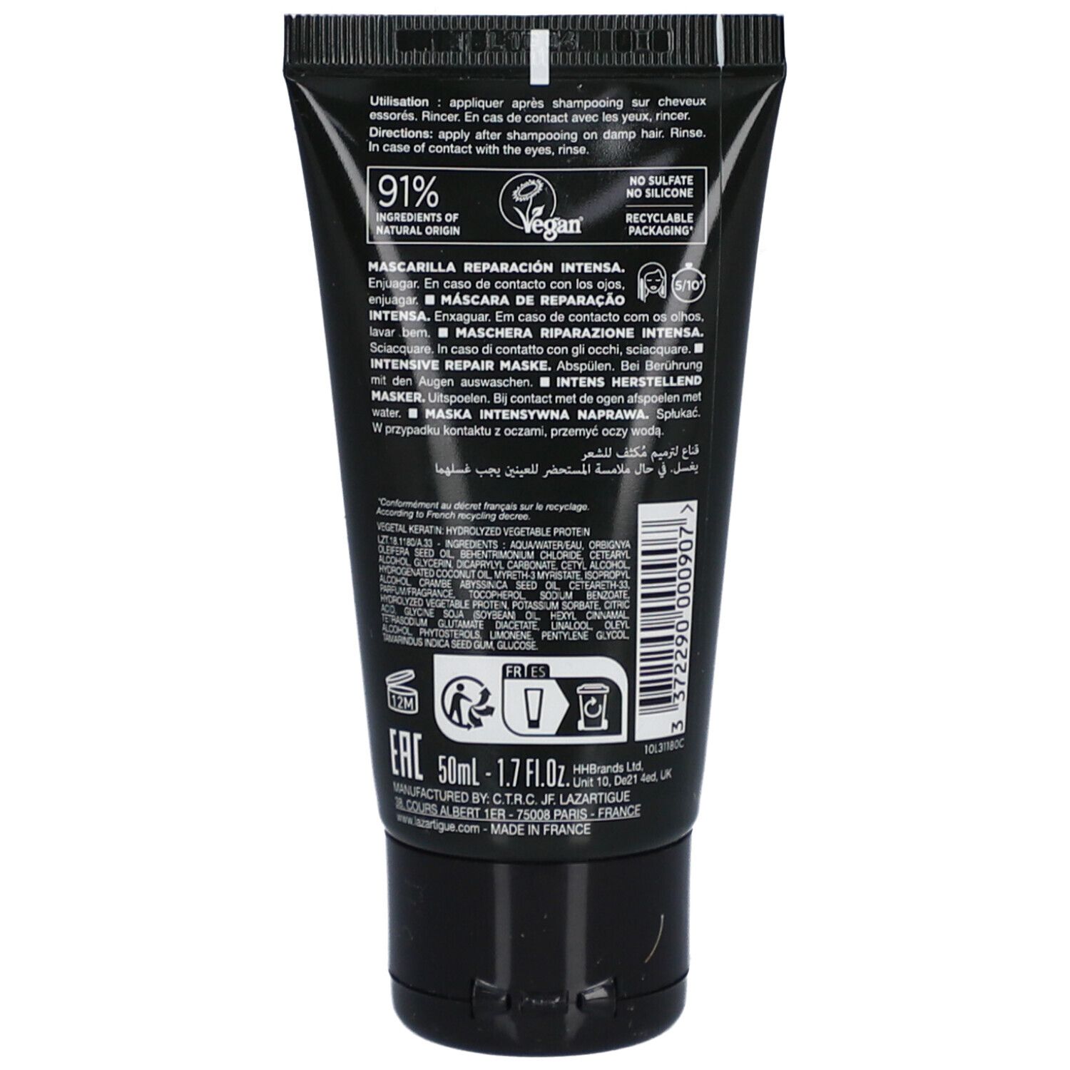 Rückseite der schwarzen Tube. Text: 91% Inhaltsstoffe natürlichen Ursprungs, Vegan, Intensive Repair Maske. 50ml.