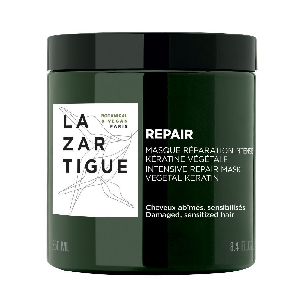 Pot vert foncé avec couvercle noir. Inscription : LAZARTIGUE, REPAIR, Masque Réparation Intense, Kératine Végétale. 250 ml.