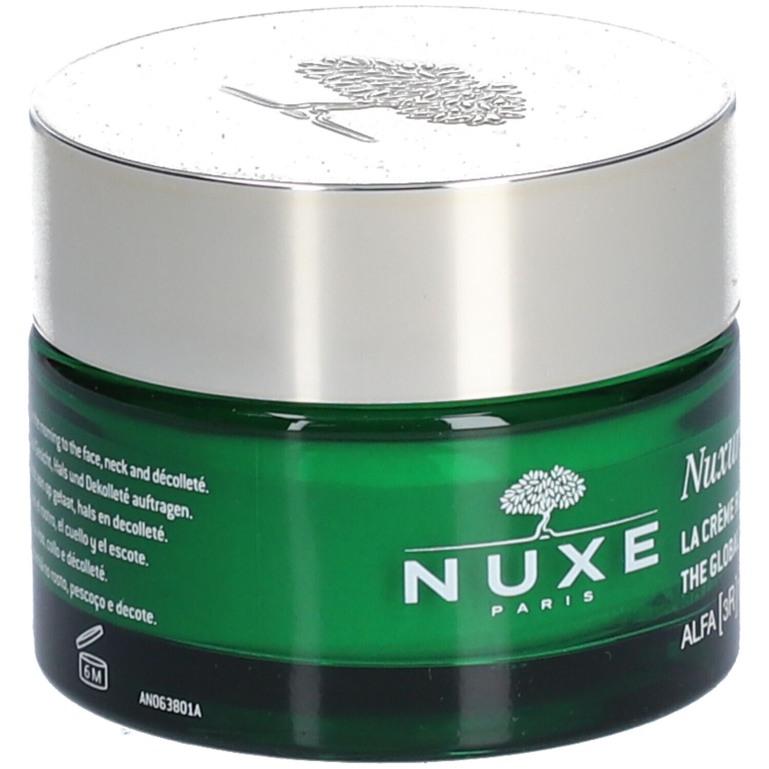 Pot de crème vert avec couvercle argenté. Inscription: NUXE PARIS, Nuxuriance ULTRA, LA CRÈME RICHE ANTI-ÂGE GLOBAL. Texte multilingue.