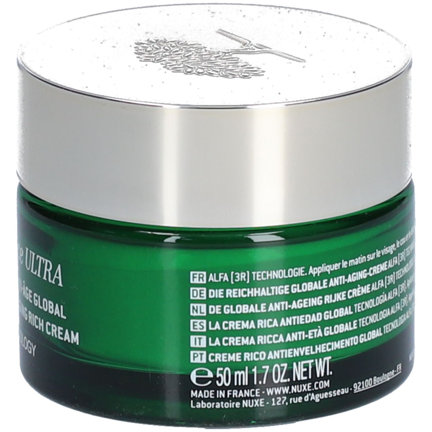 Pot de crème vert avec couvercle argenté. Inscription: Nuxuriance ULTRA, LA CRÈME RICHE ANTI-ÂGE GLOBAL. Texte multilingue. 50 ml.