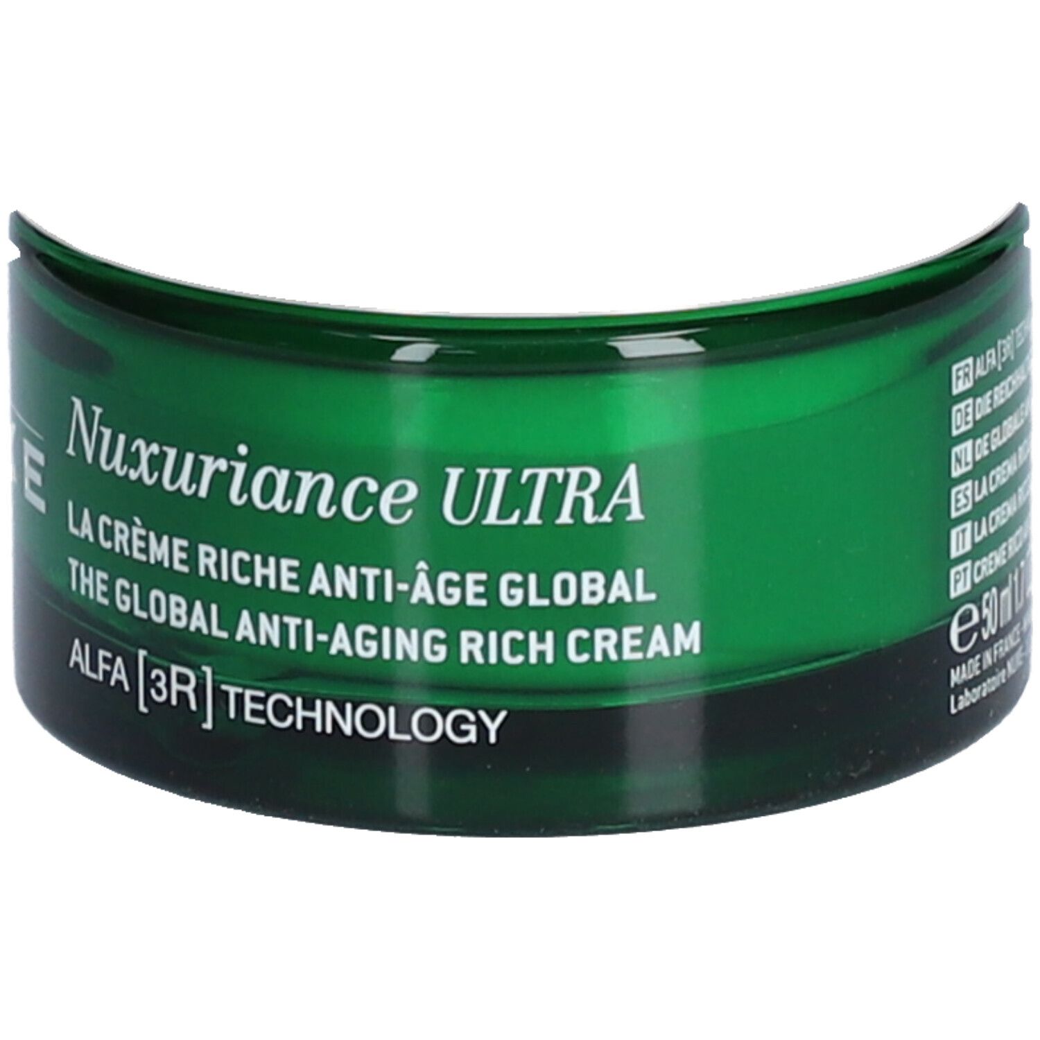 Pot de crème vert avec couvercle argenté. Inscription: Nuxuriance ULTRA, LA CRÈME RICHE ANTI-ÂGE GLOBAL, ALFA [3R] TECHNOLOGY. 50 ml.