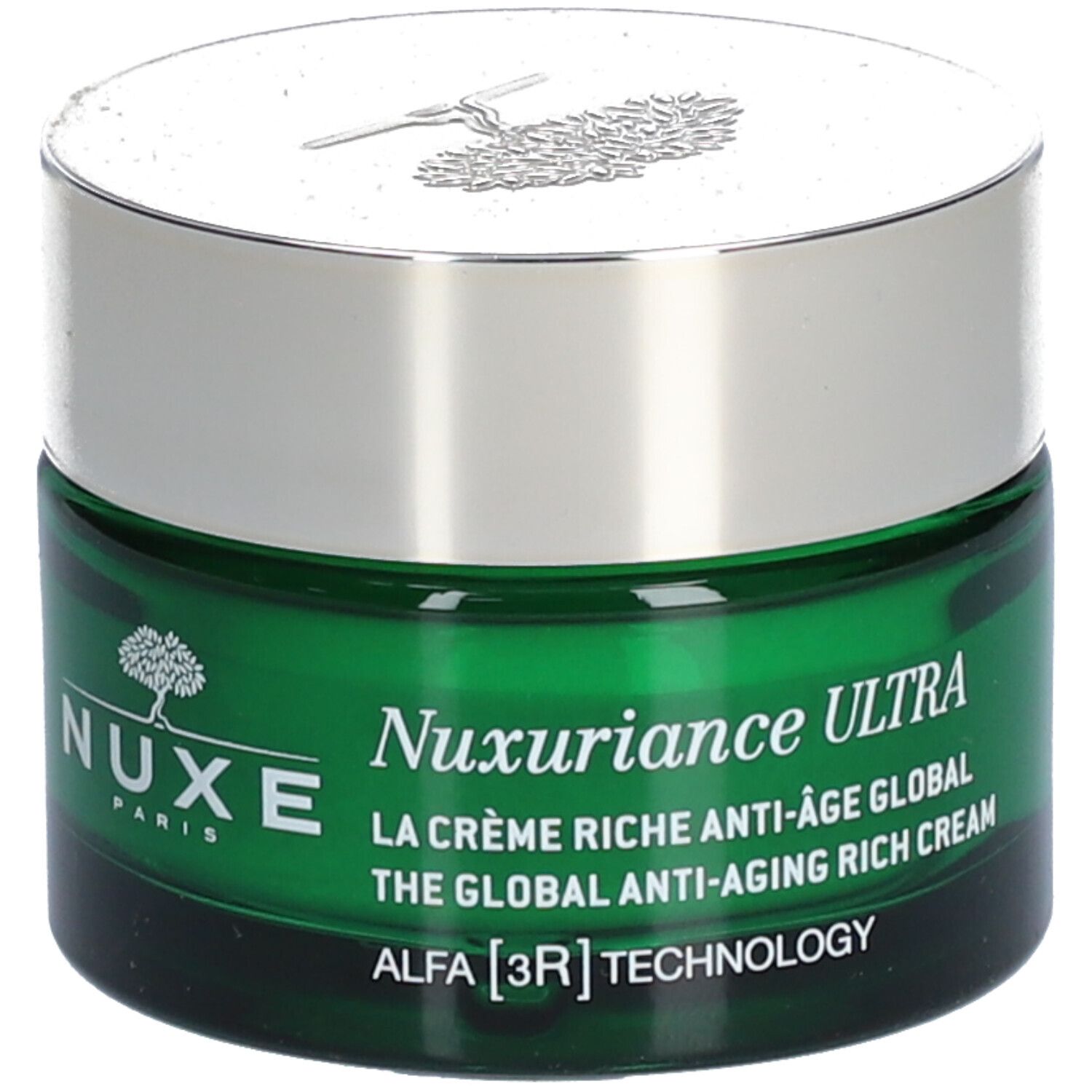 Pot de crème vert avec couvercle argenté. Inscription: Nuxuriance ULTRA, LA CRÈME RICHE ANTI-ÂGE GLOBAL, ALFA [3R] TECHNOLOGY.