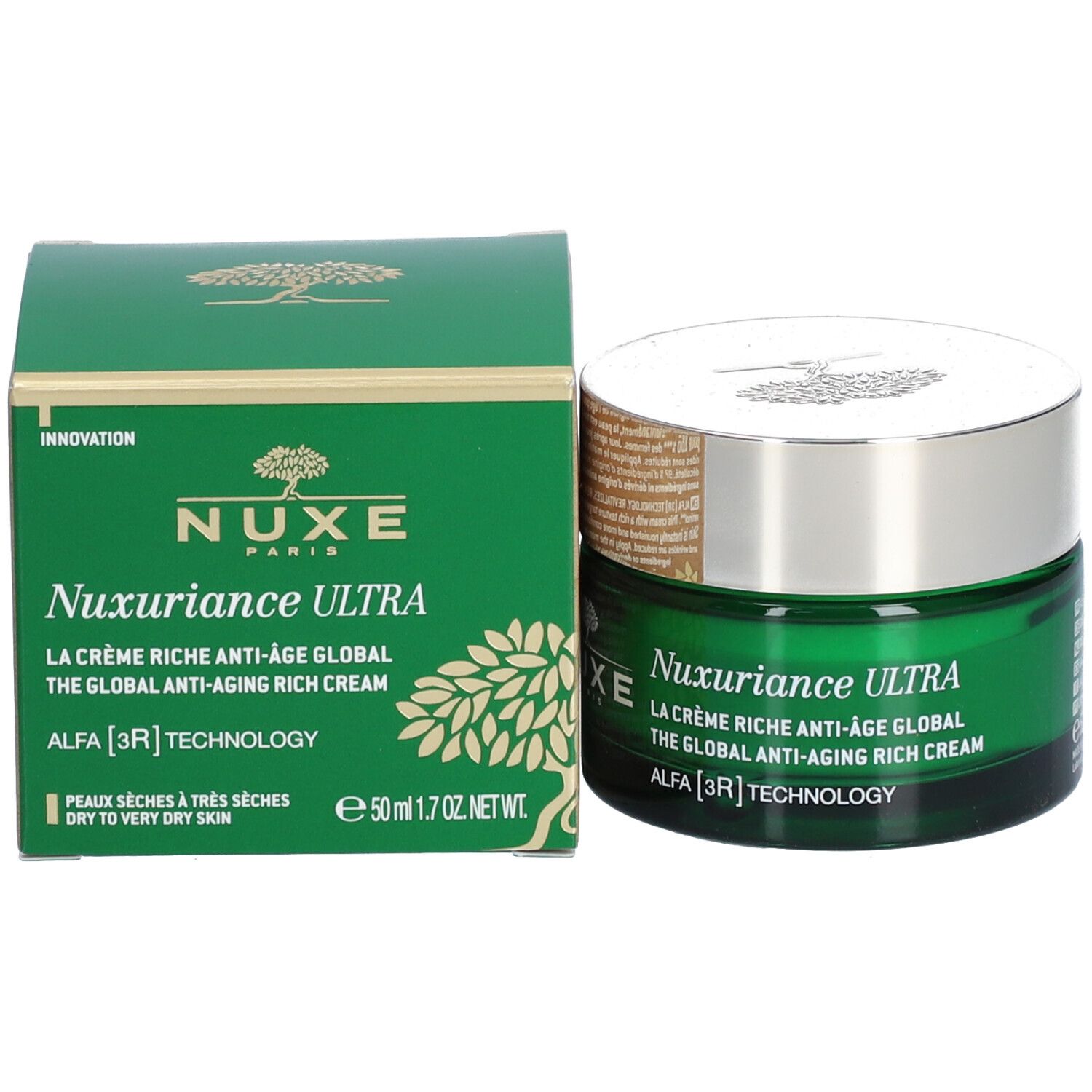 Pot de crème vert et boîte. Inscription: NUXE PARIS, Nuxuriance ULTRA, LA CRÈME RICHE ANTI-ÂGE GLOBAL, ALFA [3R] TECHNOLOGY. 50 ml.