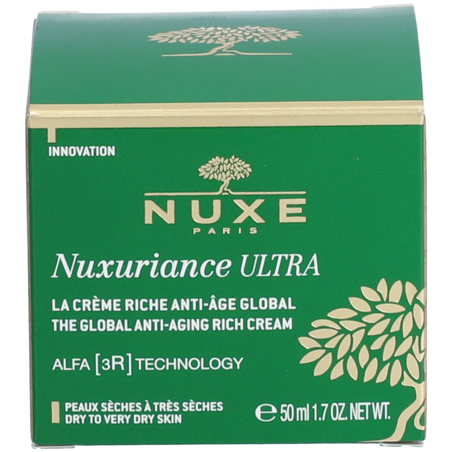 Boîte verte. Inscription: NUXE PARIS, Nuxuriance ULTRA, LA CRÈME RICHE ANTI-ÂGE GLOBAL, ALFA [3R] TECHNOLOGY. 50 ml. Peaux sèches.