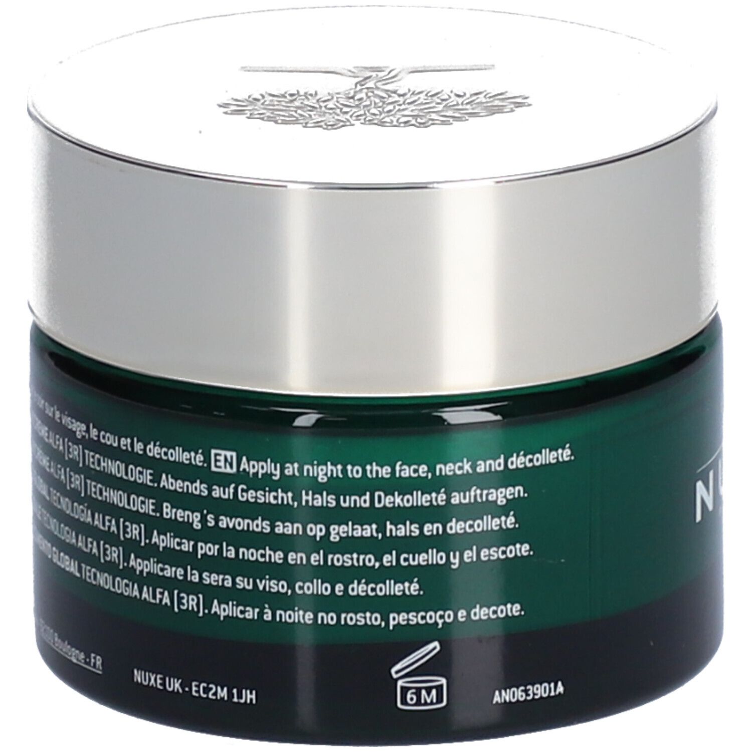 Pot de crème vert avec couvercle argenté. NUXE Paris et Nuxuriance sont inscrits sur le pot. Texte multilingue.