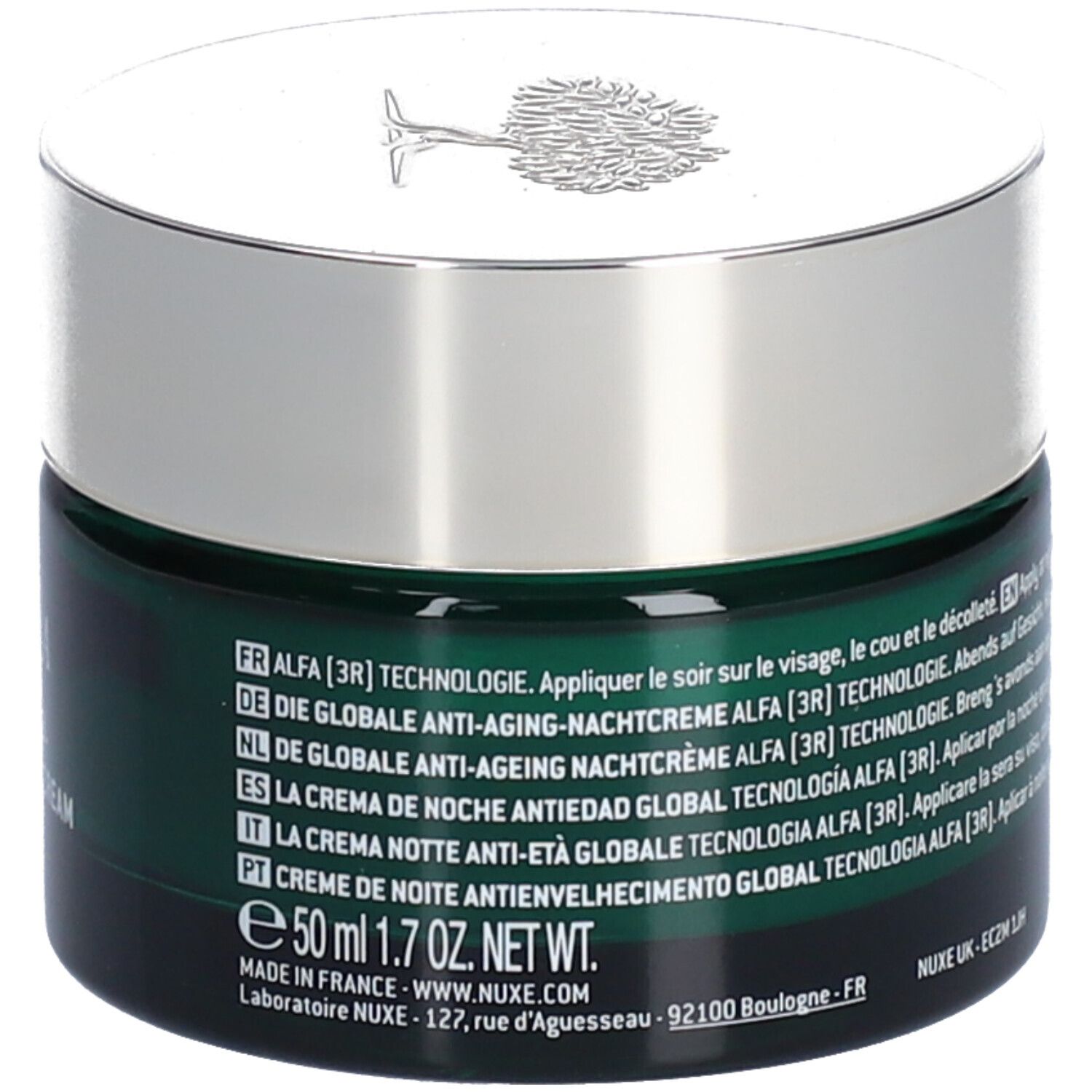Pot de crème vert avec couvercle argenté. NUXE Paris et Nuxuriance sont inscrits sur le pot. Texte avec informations.