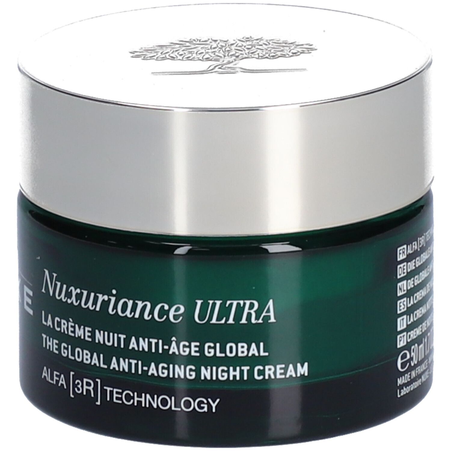 Pot de crème vert avec couvercle argenté. Nuxuriance ULTRA est inscrit sur le pot. Texte avec informations.