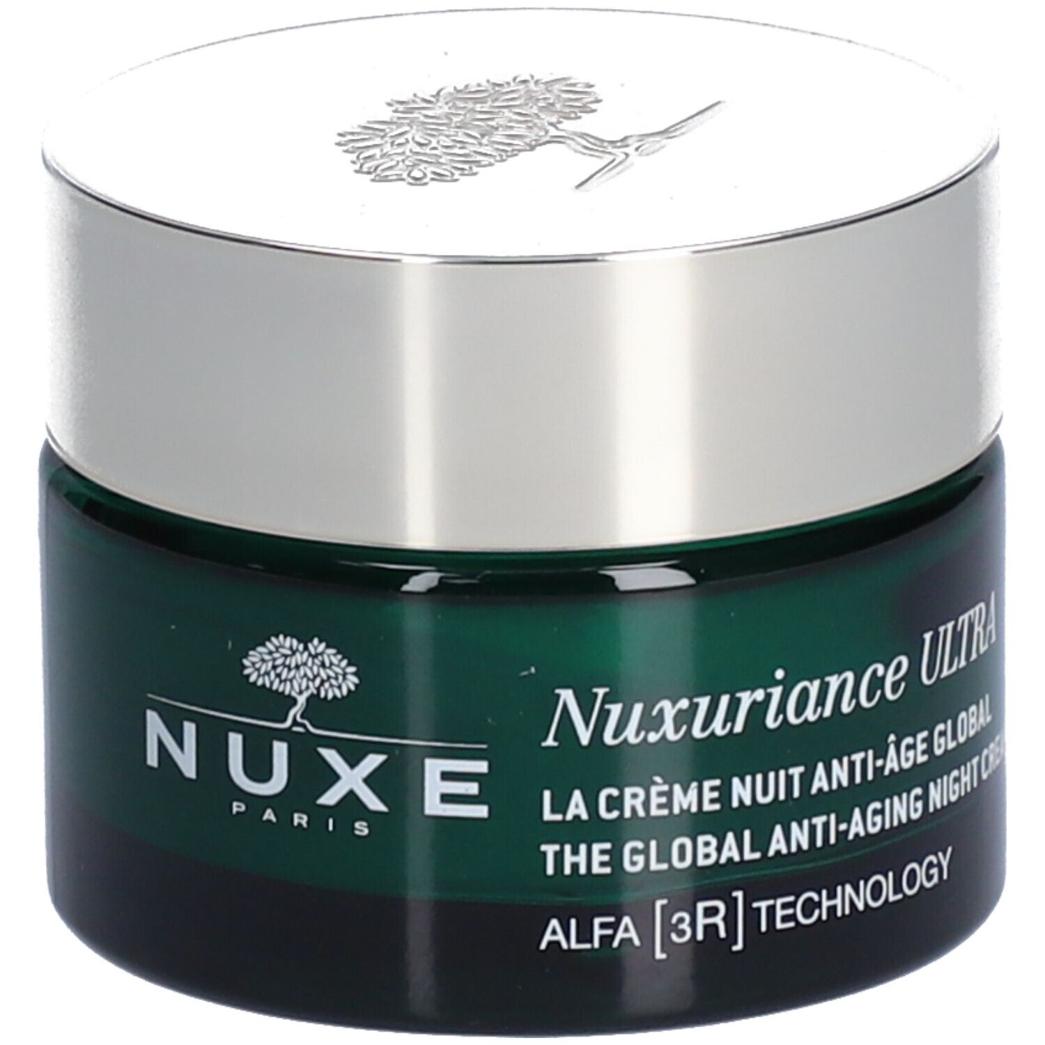 Pot de crème vert avec couvercle argenté. NUXE Paris et Nuxuriance sont inscrits sur le pot. Nom du produit et logo.