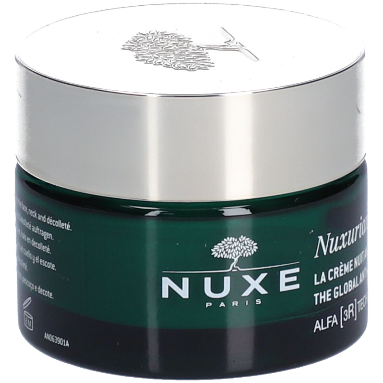 Pot de crème vert avec couvercle argenté. NUXE Paris et Nuxuriance sont inscrits sur le pot. Texte multilingue.