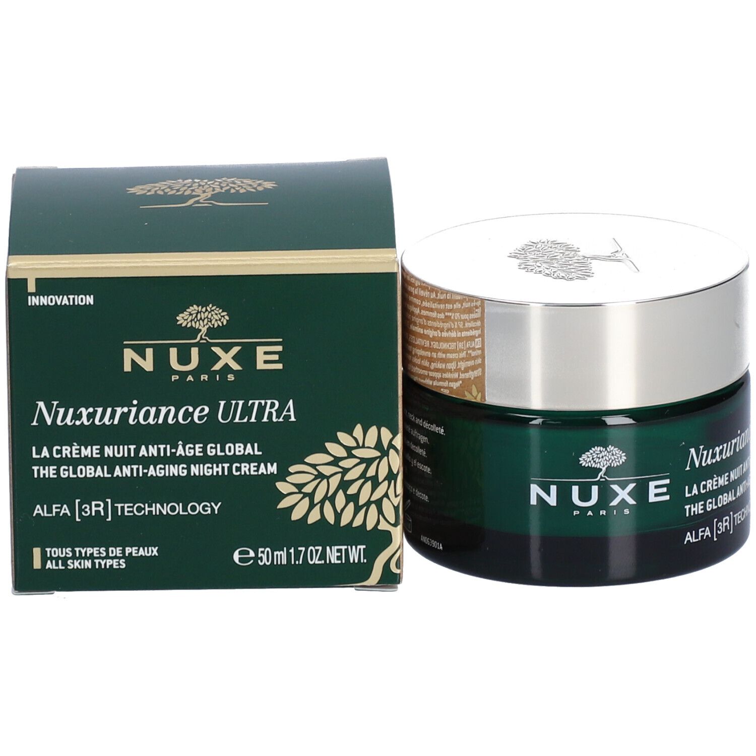 Boîte verte et pot de crème. NUXE Paris et Nuxuriance ULTRA sont inscrits sur la boîte. Pot à côté.