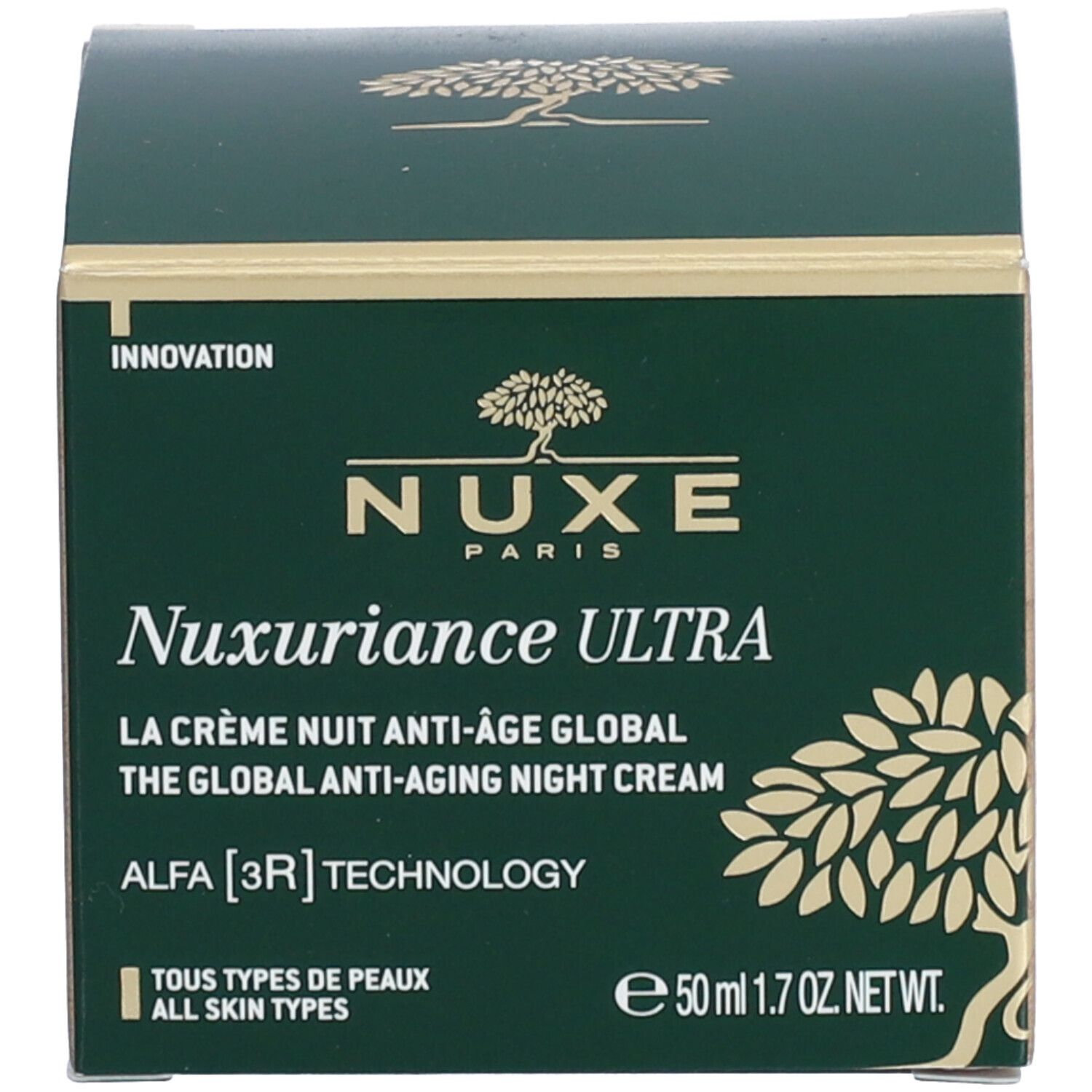 Boîte verte avec NUXE Paris et Nuxuriance ULTRA. Texte avec informations sur le produit et logo.