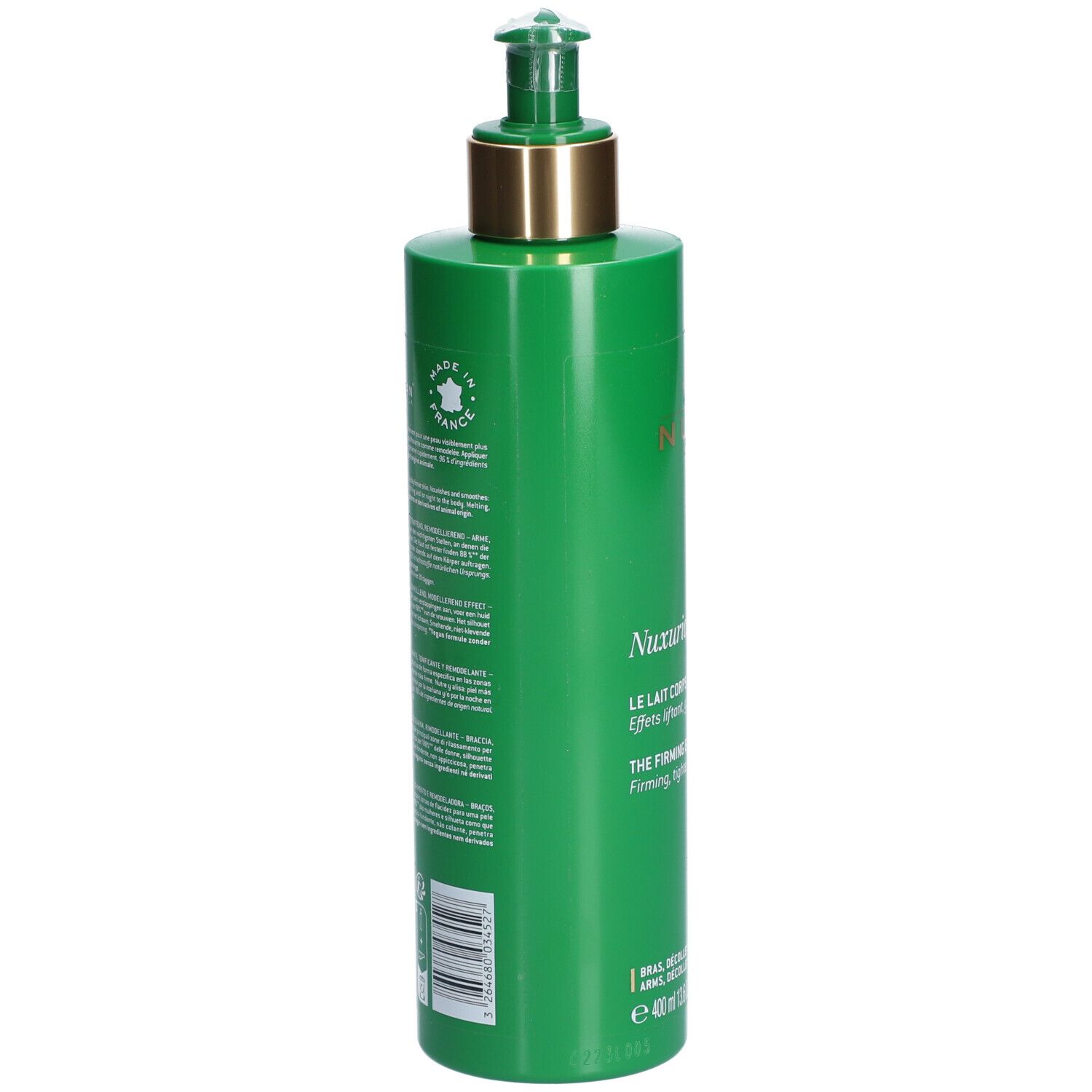 Grüne Flasche mit Pumpe. Rückseite mit Text und Barcode. Aufschrift: Made in France.