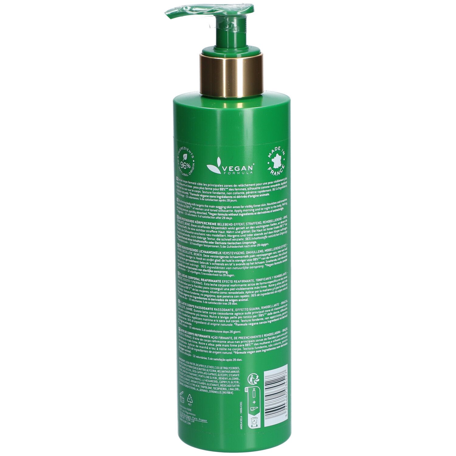 Grüne Flasche mit Pumpe. Rückseite mit Text, Vegan-Logo und Made in France-Logo.